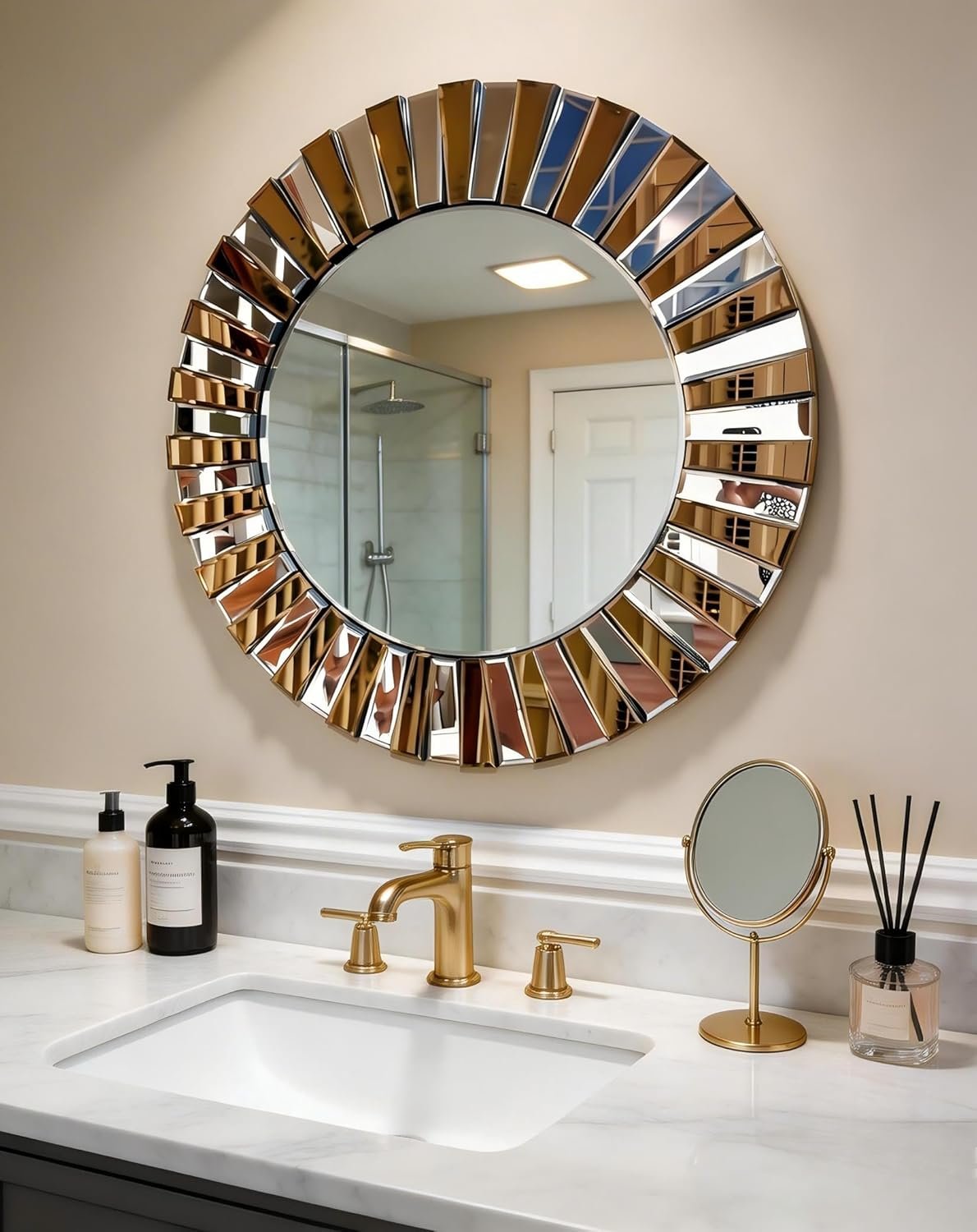 Round Wall Mirror Decorative Sunburst Silver-Brown Crystal Edge 24 inch