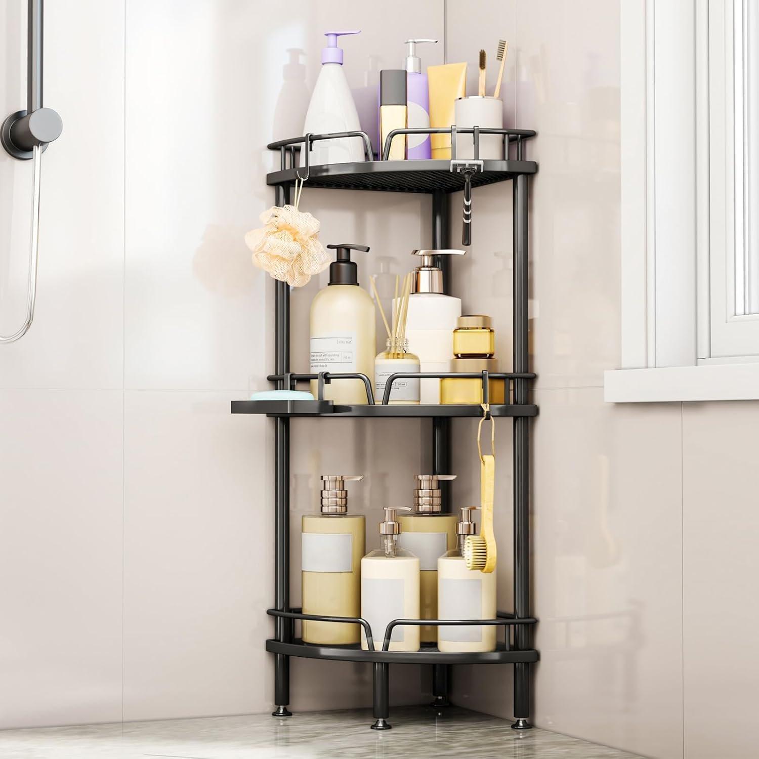 Consumest Corner Shower Caddy Stand – 3 Tier Shower Organizer with Soap Holder, Tall Floor Corner Shelves Standing with Adjustable Feet & 4 Hooks, Storage Rack for Bathroom Black