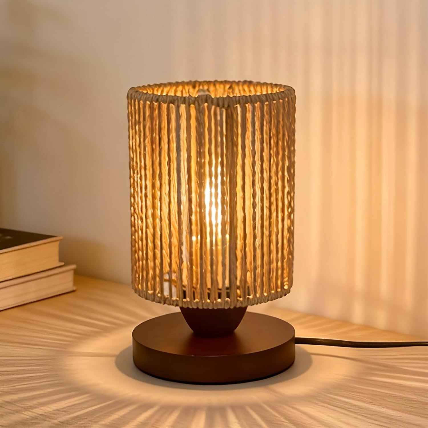 Rattan Table Lamp,Boho Small Beside Lamp,Mini Farmhouse Table Lamp for Room Decor,Vintage Wicker Wooden Nightstand Bamboo Woven End Table Lamps for Living Room Bedroom Desk Kids Room,LED Bulb Included