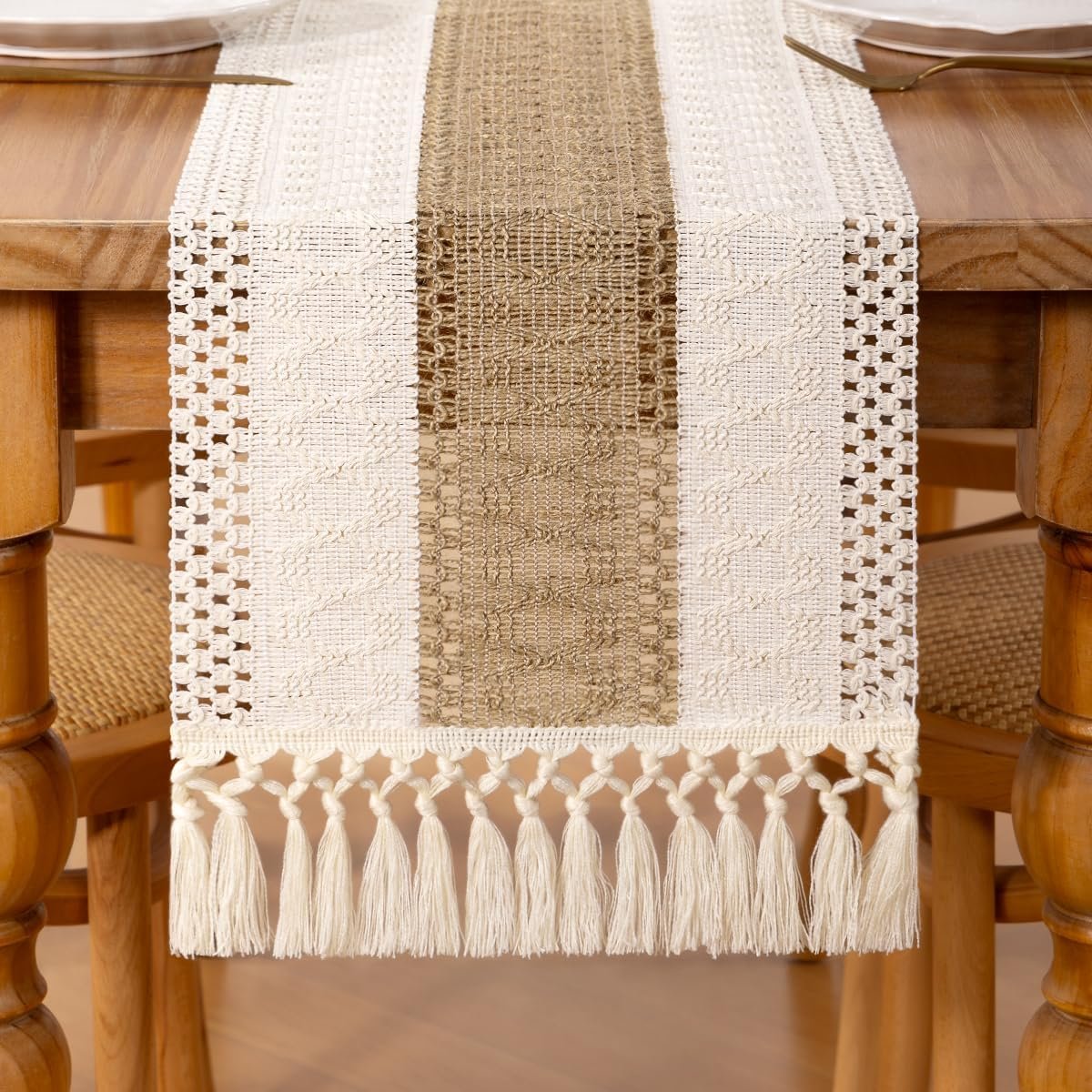 Boho Macrame Table Runner Farmhouse Woven Small Table Runner with Tassels 36 Inches Ivory& Burlap Brown Cotton Linen Kitchen Table Decor for Dining Dresser Home Tea Table Decor