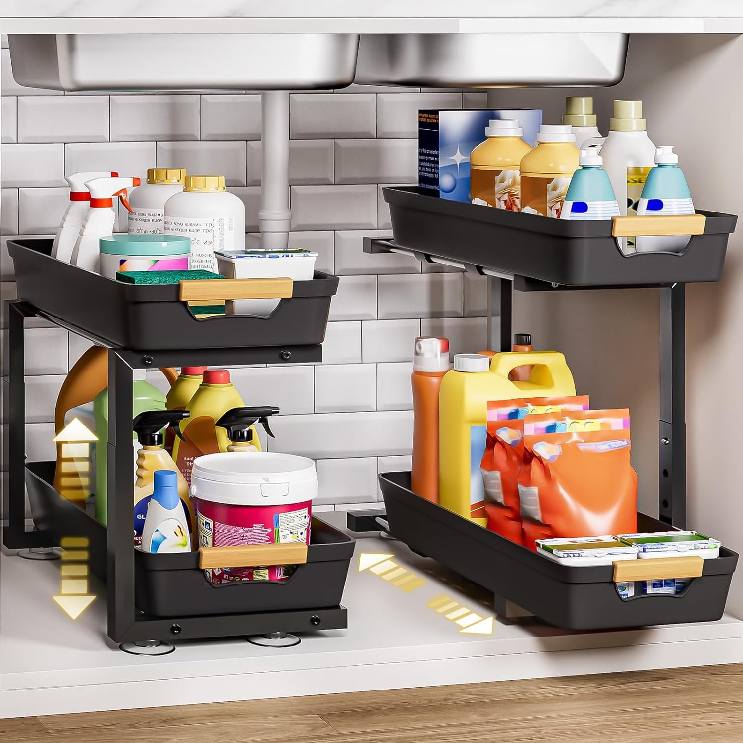 Homde 2-Tier Under Sink Organizer: 2pcs Set Adjustable Pull Out Drawer Undersink Cabinet Storage Rack for Home Kitchen Bathroom