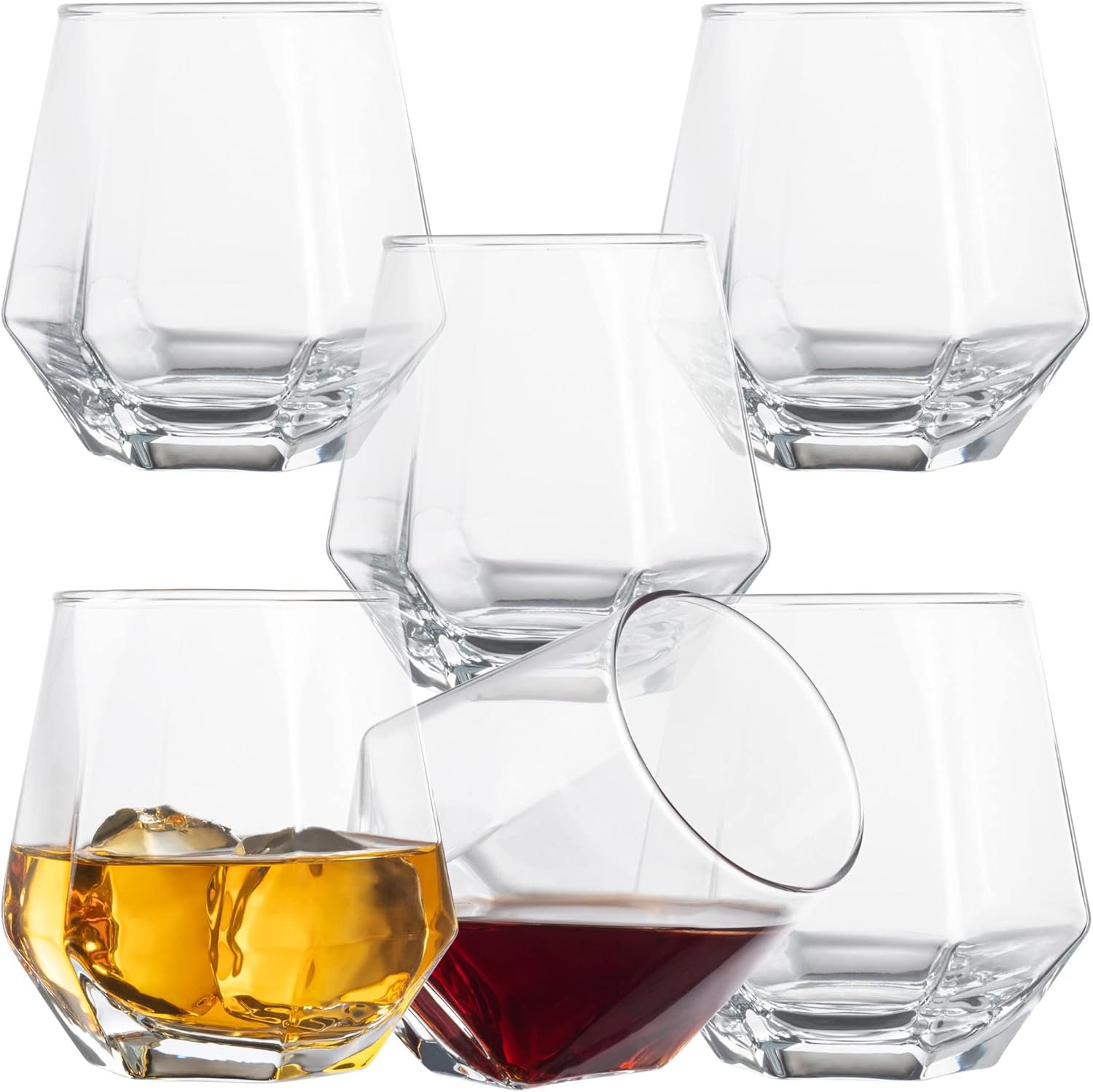 Diamond Whiskey Glasses – Stemless Wine Glass Set of 6- Geometric Tilting Design- Rolling Whiskey Glasses -Stem Less Anti Rocking Cup Diamonds Shaped Tilted Glassware Drinking Tumblers for Wiskey/Wine