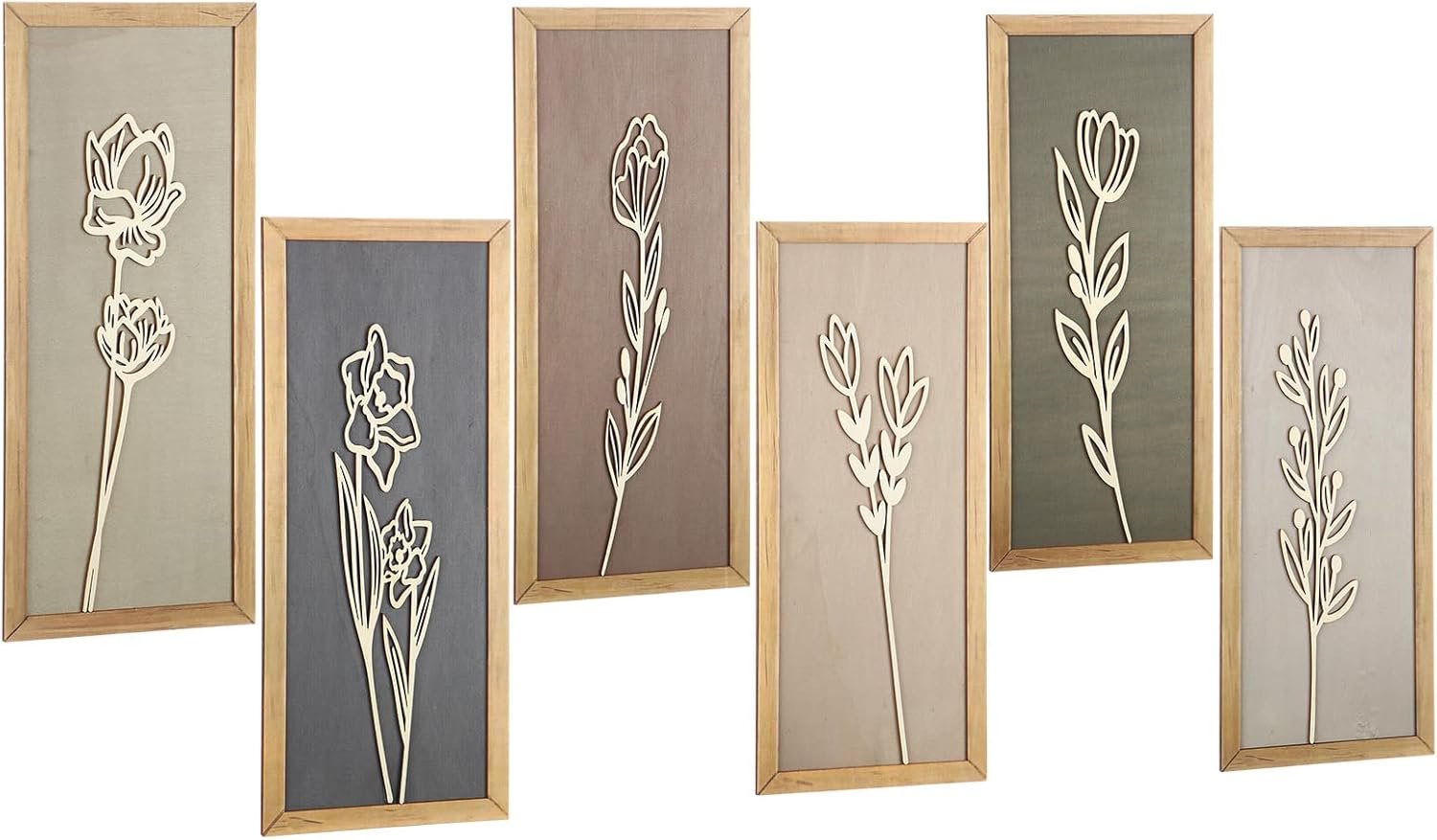 Wesiti 6 Pcs Boho Wall Art Wooden Floral Wall Decor Minimalist Botanical Print Art Decor for Rustic Vintage Farmhouse Home Living Room Bedroom Bathroom Kitchen Decoration, 15.75 x 6.69 Inch(Morandi)