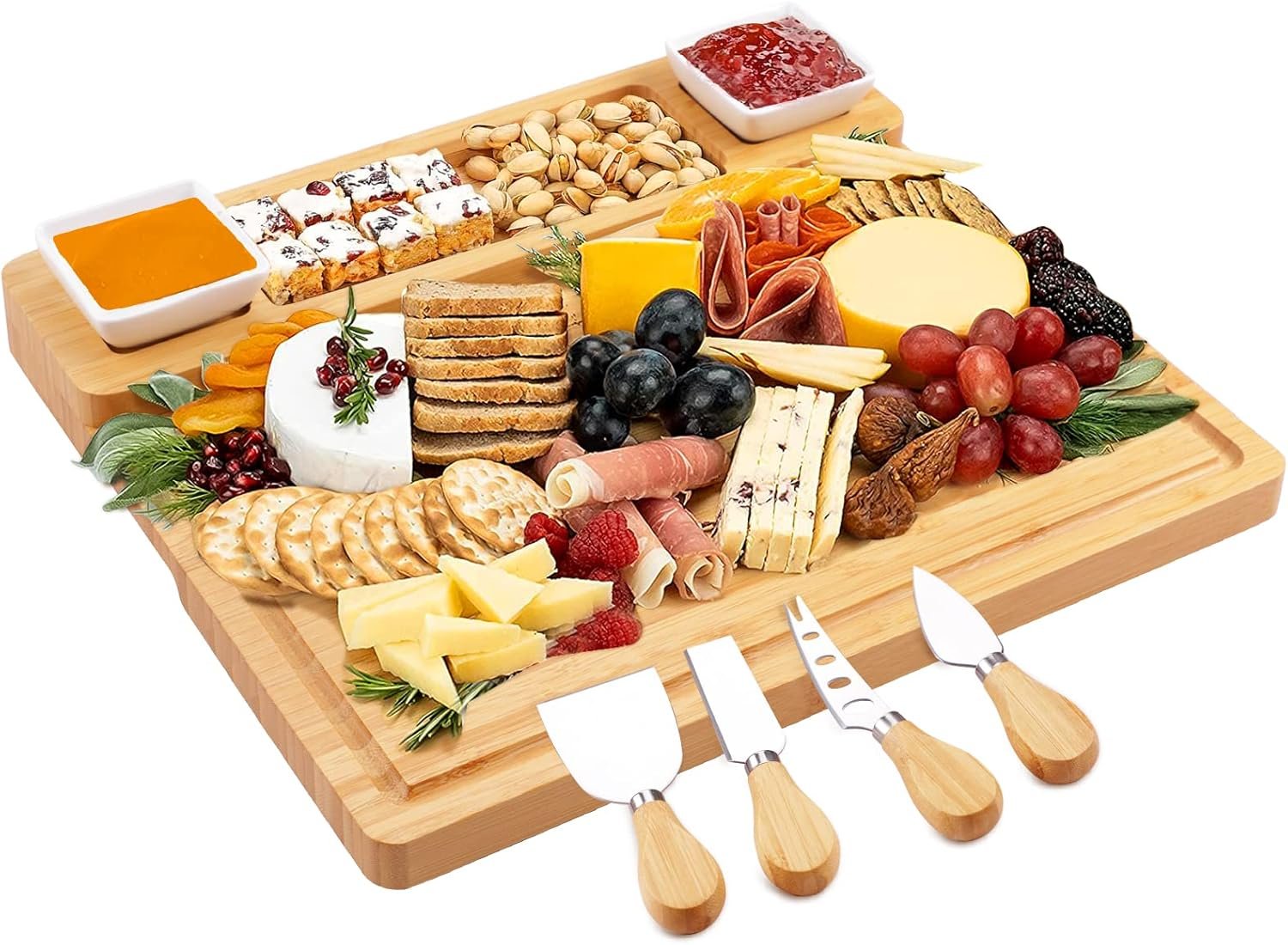 Charcuterie Boards and Knife Set – Bamboo Cheese Board – Wine Meat Cheese Tray Platter – Unique Housewarming Gifts, Anniversary Wedding Gifts for Couple, Bridal Shower Gift