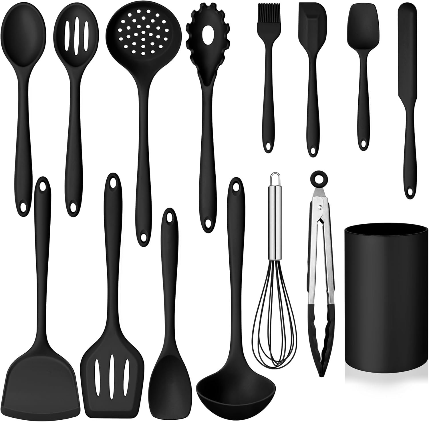 Silicone Cooking Utensil Set, Homikit 15pcs Kitchen Utensils with Holder for Nonstick Cookware, Heat Resistant Nontoxic Silicone Spatula Set Dishwasher Safe Kitchen Tools for Baking-Black