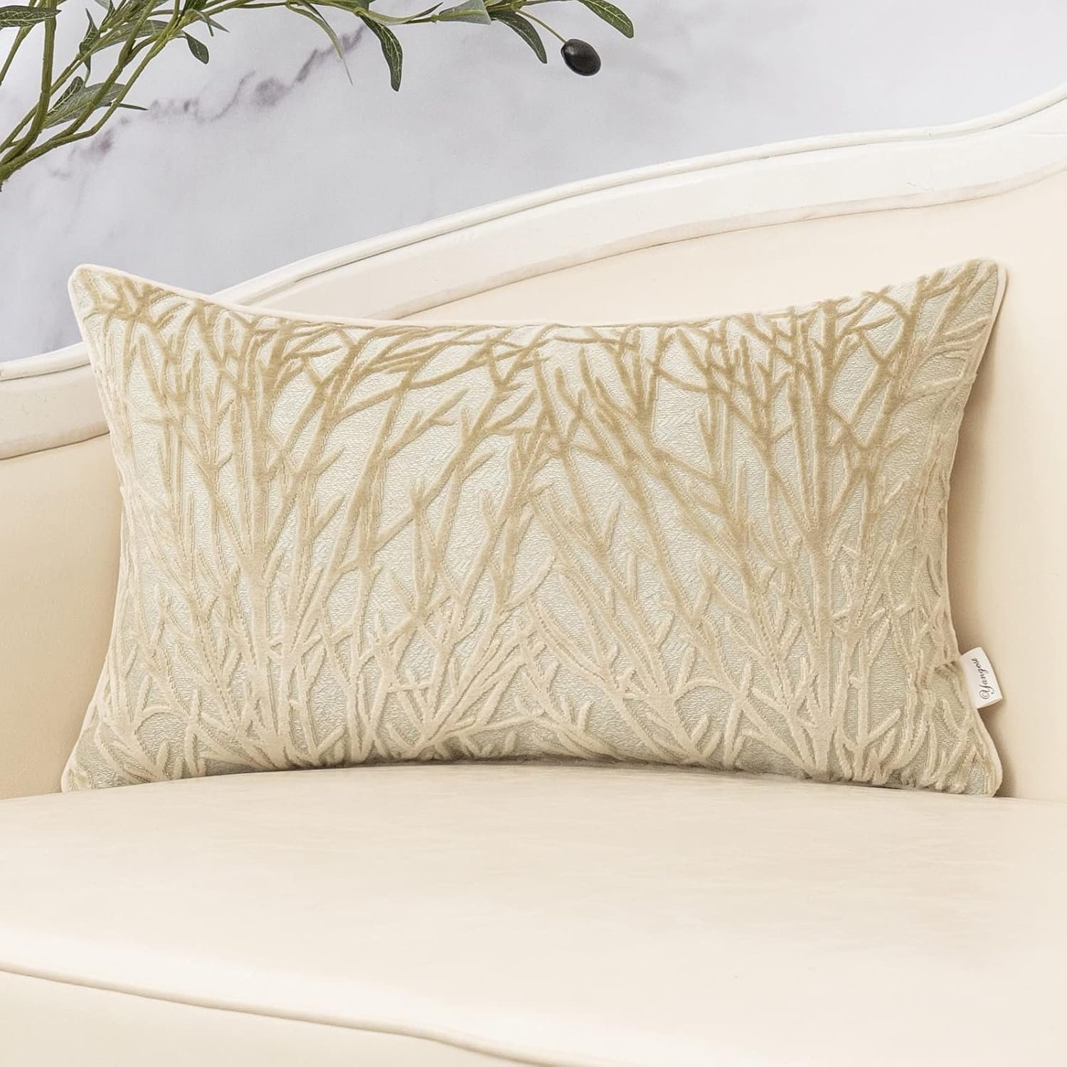 Yangest Beige Throw Pillow Cover Velvet Cushion Cover Branches Rectangular Neutral Pillowcase for Sofa Couch Bedroom Living Room, 12×20 Inch
