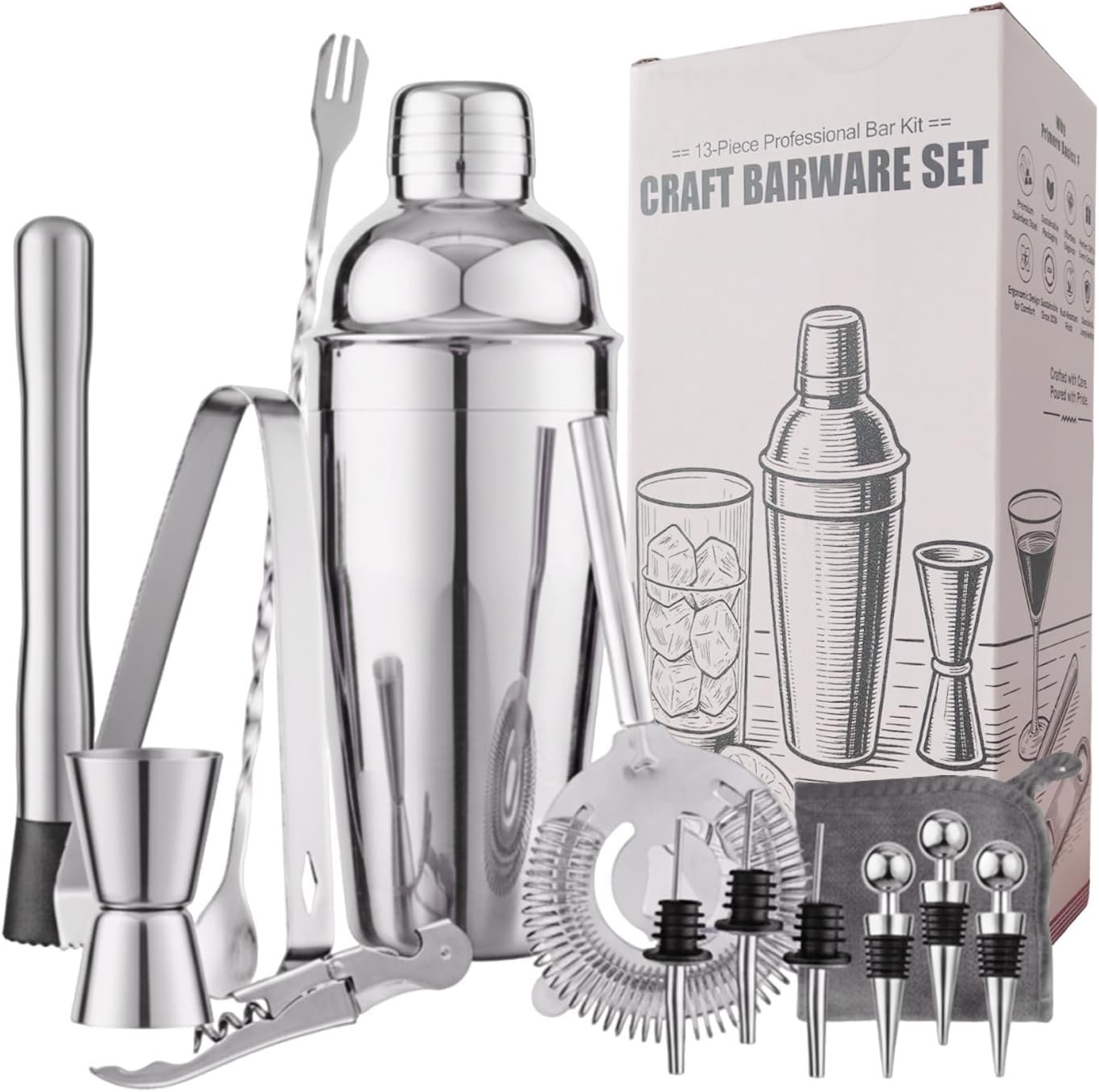 13-Piece Bartender Kit Bar Tool Set – Boston Cocktail Shaker Set with Muddler,Strainer,Jigger,Spoon–Home Bar Accessories and Drink Mixer Gift for Bartesian,Housewarming, Bar Cart Decor