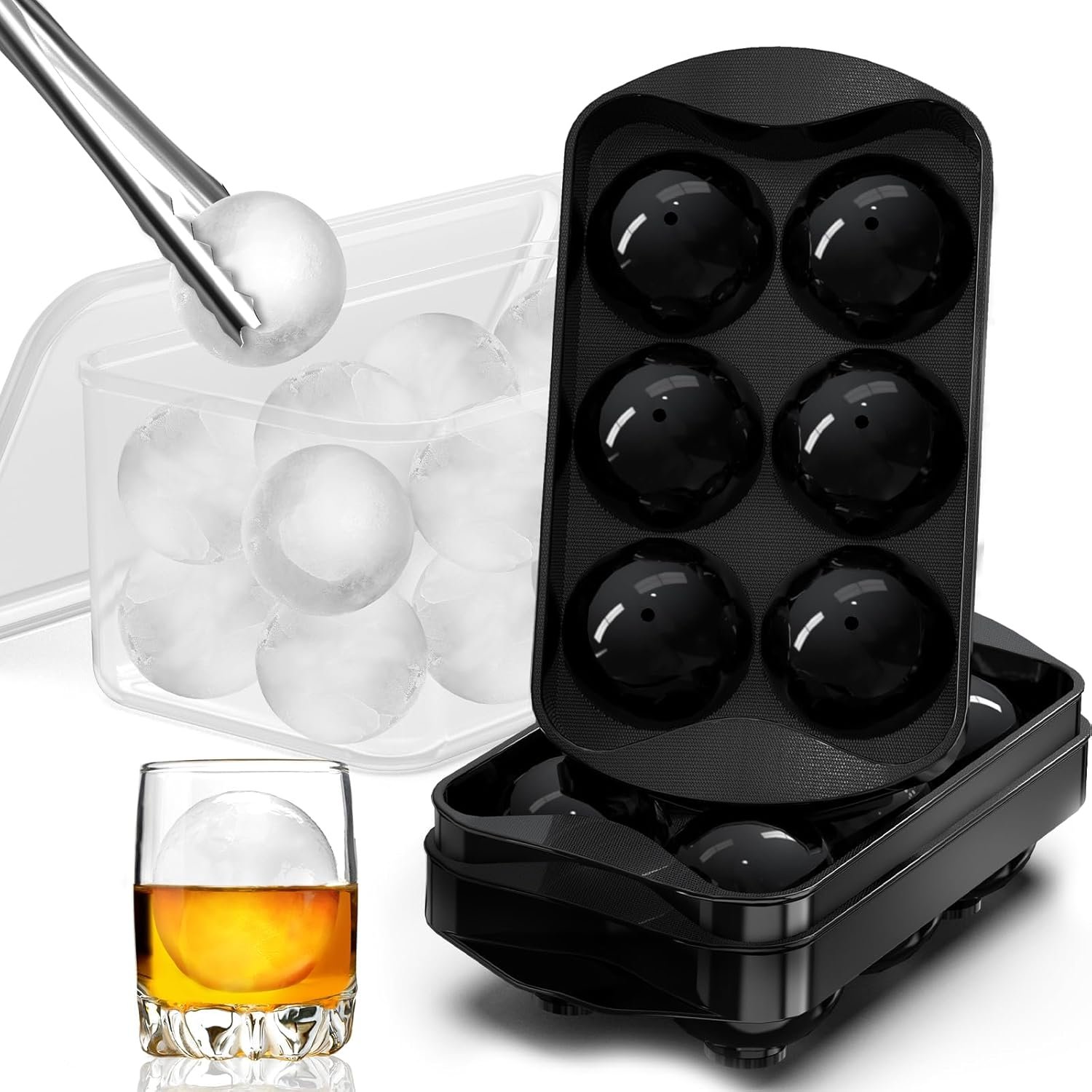 Whiskey Ice Cubes Mold 2 Pack – Round Ice Cube Mold & Ice Ball Maker Set with Storage Bin, Ice Cube Trays with Lid, Tongs for Bourbon & Cocktails, Gifts for Whiskey Lover