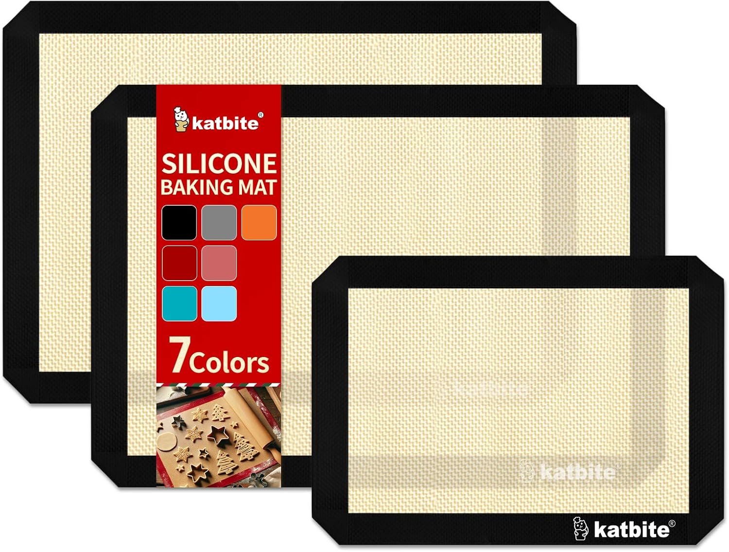Katbite Silicone Baking Mat Colorful Collection – Set of 3: 2 Half Sheets Mats (11 5/8″ x 16 1/2″) + 1 Quarter Baking Sheet, Reusable & Nonstick Bakeware Mats for Cookies, Macarons, Bread (Black)