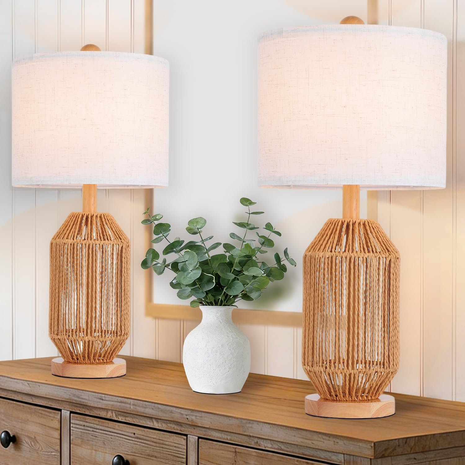 COTULIN 21″ Boho Rattan Table Lamps Set of 2, Farmhouse Bedside Nightstand Lamps for Living Room, Bedroom, Hallway, End Table, Retro, Brown （Not Include Bulbs）