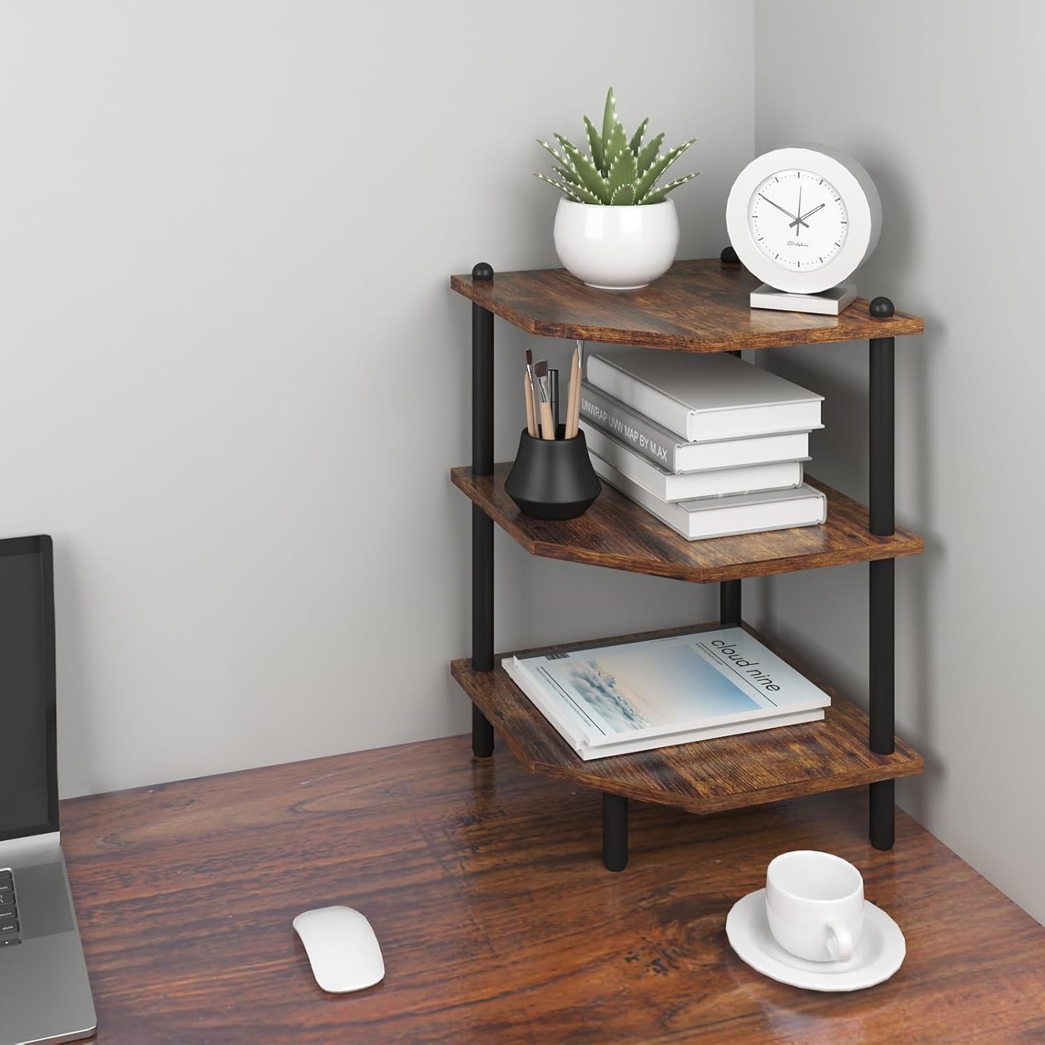 Desktop Corner Stand Shelf for Storage, 3 Tier Corner Shelf Organizer, Rustic Brown Rack for Small Spaces, Bedroom, Home Office, Kitchen, Bathroom