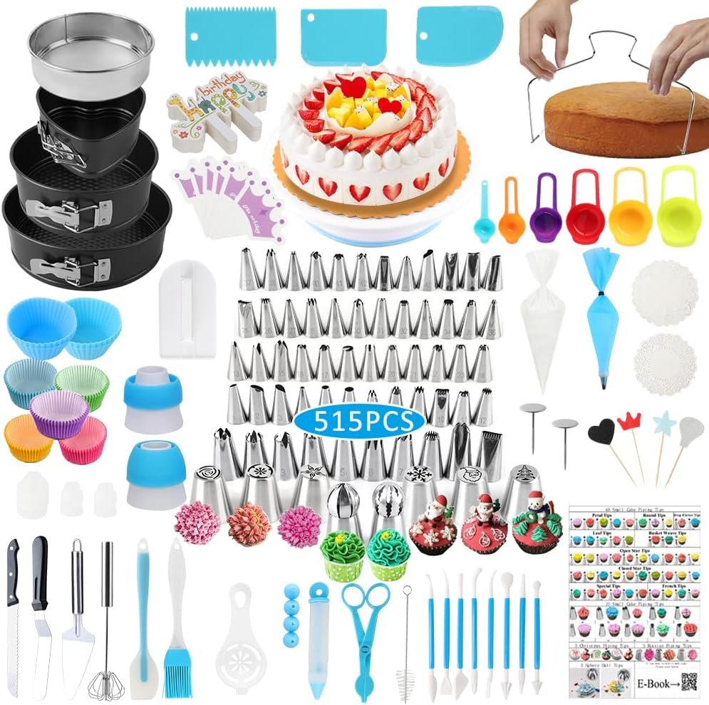 Cake Decorating Kit Cake Decorating Supplies, 515 PCS Baking Supplies Set with 3 Springform Pan Sets, 66 Icing Piping Nozzles, Cake Rotating Turntable, Piping Bags, Birthday Gifts for Mom Wife