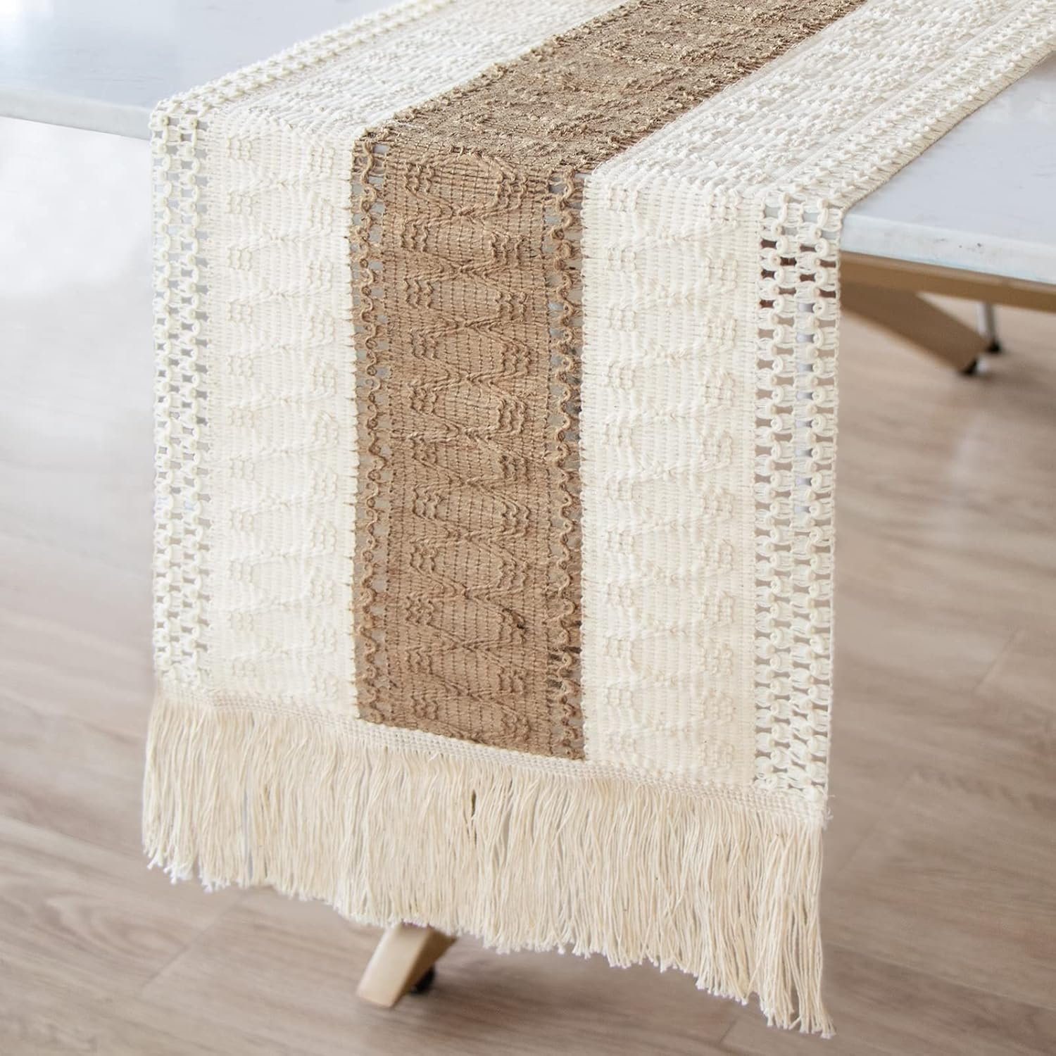 OurWarm Macrame Table Runner Farmhouse Style, Natural Burlap Boho Table Runner Modern Farmhouse Decor Rustic Woven Cotton Crochet Lace for Bohemian, Rustic,Bridal, Shower Wedding, Dinner, 72″ x 12″