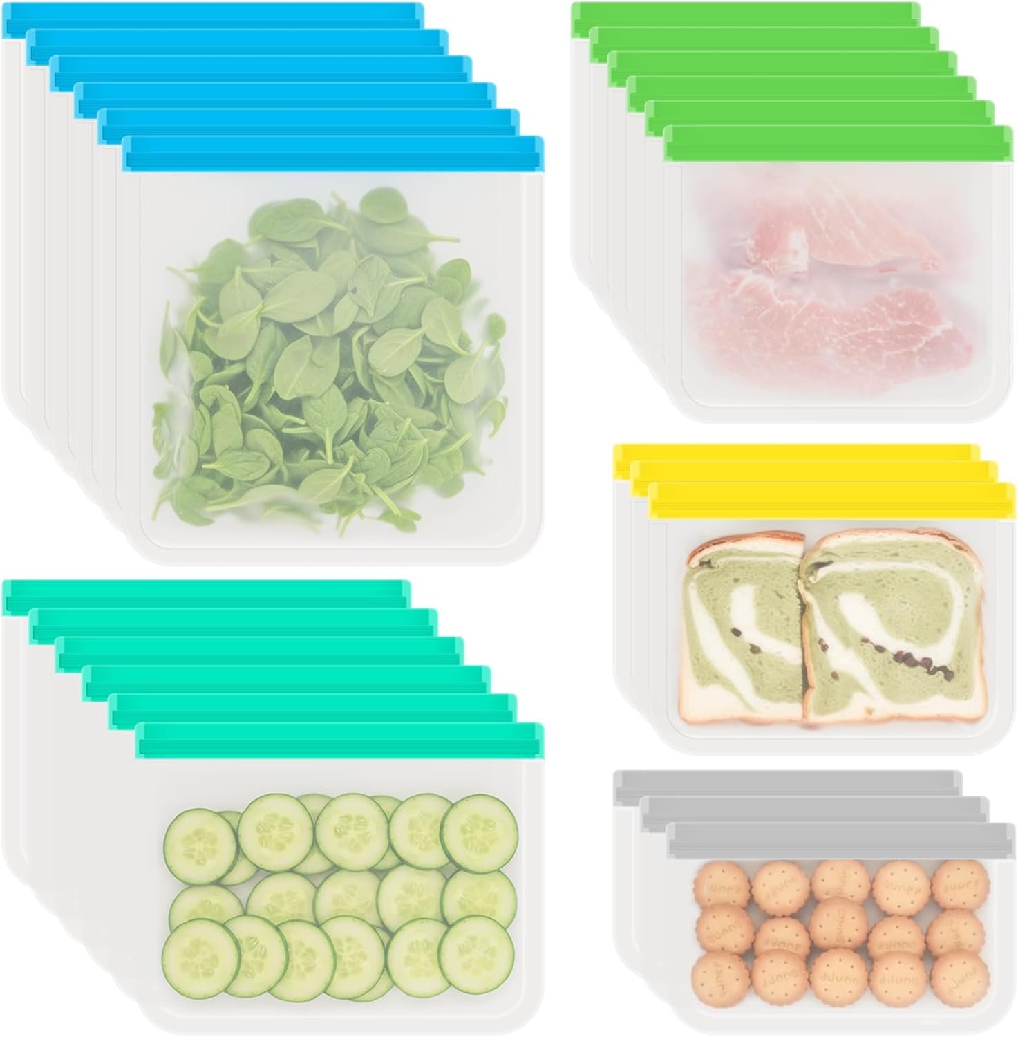 24 Pack Reusable Gallon Freezer Bags, PEVA Food Storage Bags, Ziplock Freezer Bags for Meals, Home & Travel Organization- Leak-proof BPA Free 6 Gallon 6 Large 6 Quart 3 Sandwich 3 Snack Bags