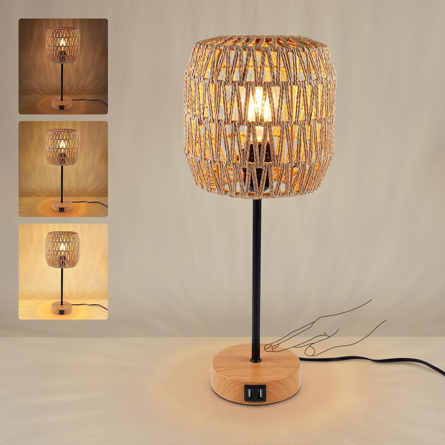 N02 Boho Rattan Table Lamp Touch Control Dimmable Bedside Lamp with Plug-in Cord Woven Shade IImitation Wood Metal Base Farmhouse Nightstand Lamp with USB Port for Bedroom (Bulb Included)