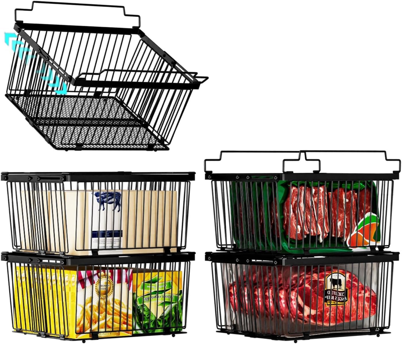 Large Freezer Organizer Bins，Upgraded Bottom Leak-Proof net，Fit 5 to 9 Cu Ft Chest Freezer，5 Pack， Expandable Stackable Chest Freezer Containers with Handle (Black-5P)