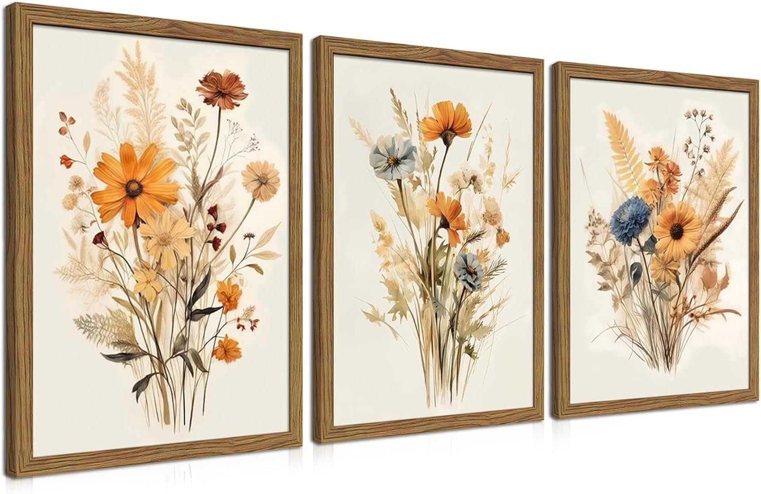 Vintage Wildflower Framed Canvas Wall Art Set of 3 – Rustic Botanical Floral Pictures Prints for Living Room Bedroom Bathroom, Retro Boho Wall Decor for Home Aesthetic 12×16 inch