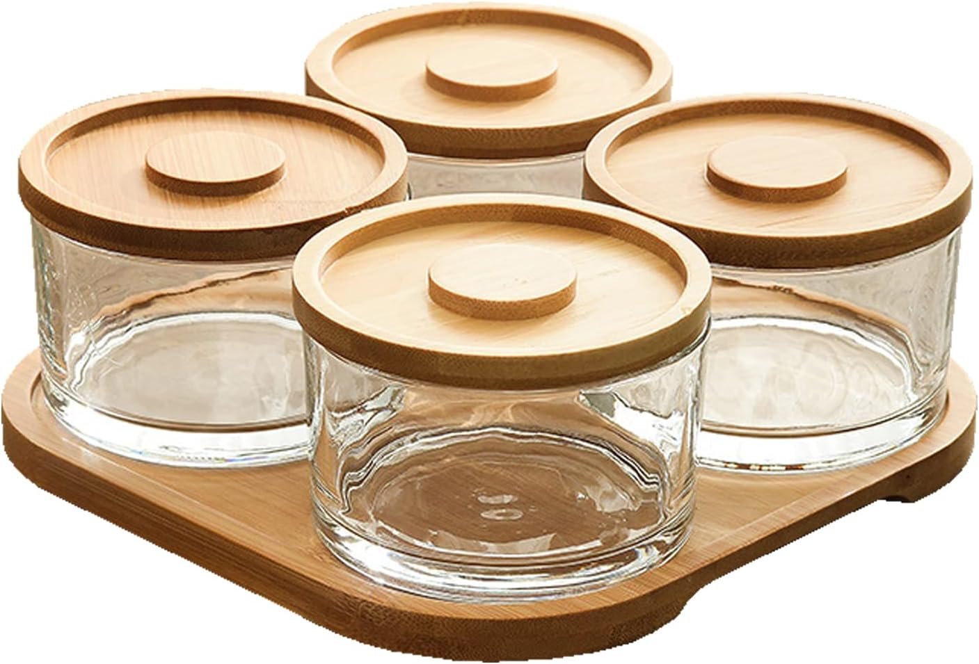 Chip and Dip Serving Set with Bamboo Tray, Snack Candy Fruit Nut Serving Platter, Small Glass Dipping Serving Bowls with Lids for Condiments, Side Dishes, Pre, Dessert, Salsa (4 Slots)