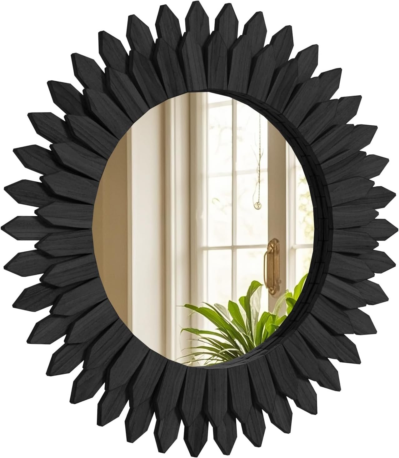 24 Inch Black Boho Wall Decor Sunburst Mirror – Round Wooden Wall Decor, Handmade Rustic Circular Mirror for Living Room, Bedroom, Entryway, Office