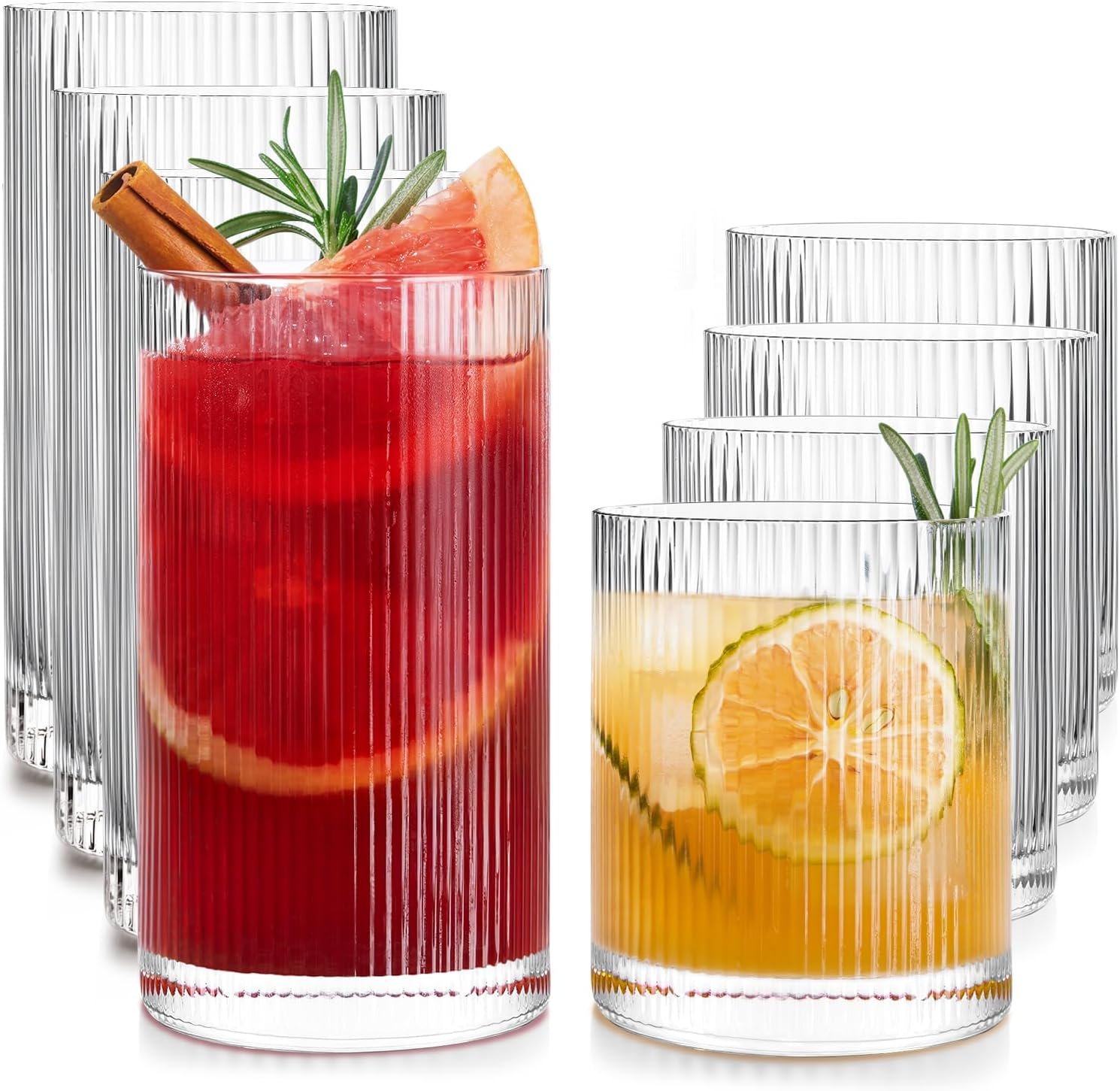 LUNA & MANTHA Ribbed Glasses Drinking Set of 8-17oz Large Capacity Highball Glasses, 12oz Rocks Glass Cups, Vintage Cocktail Glasses, Ideal for, Water, Ice Coffee Cup, Whiskey, Mixed Drinkware