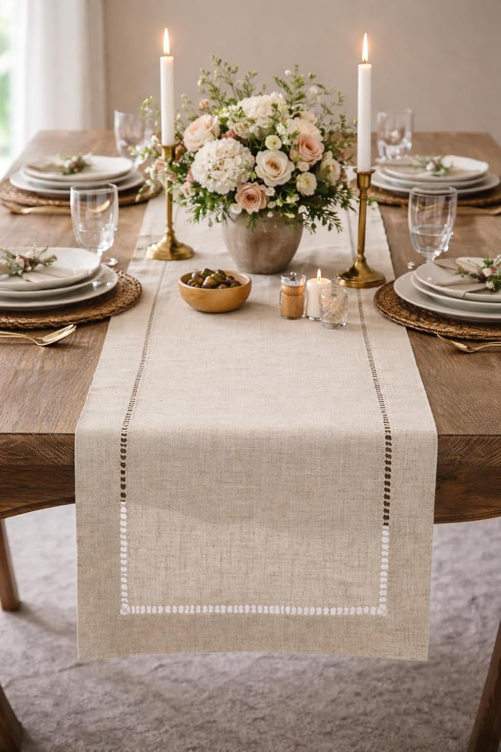 Fennco Styles Handmade Hemstitch Design Table Runner 16″ W x 54″ L – Natural Table Cover for Everyday Use, Dining Table, Weeding, Holiday and Special Occasion