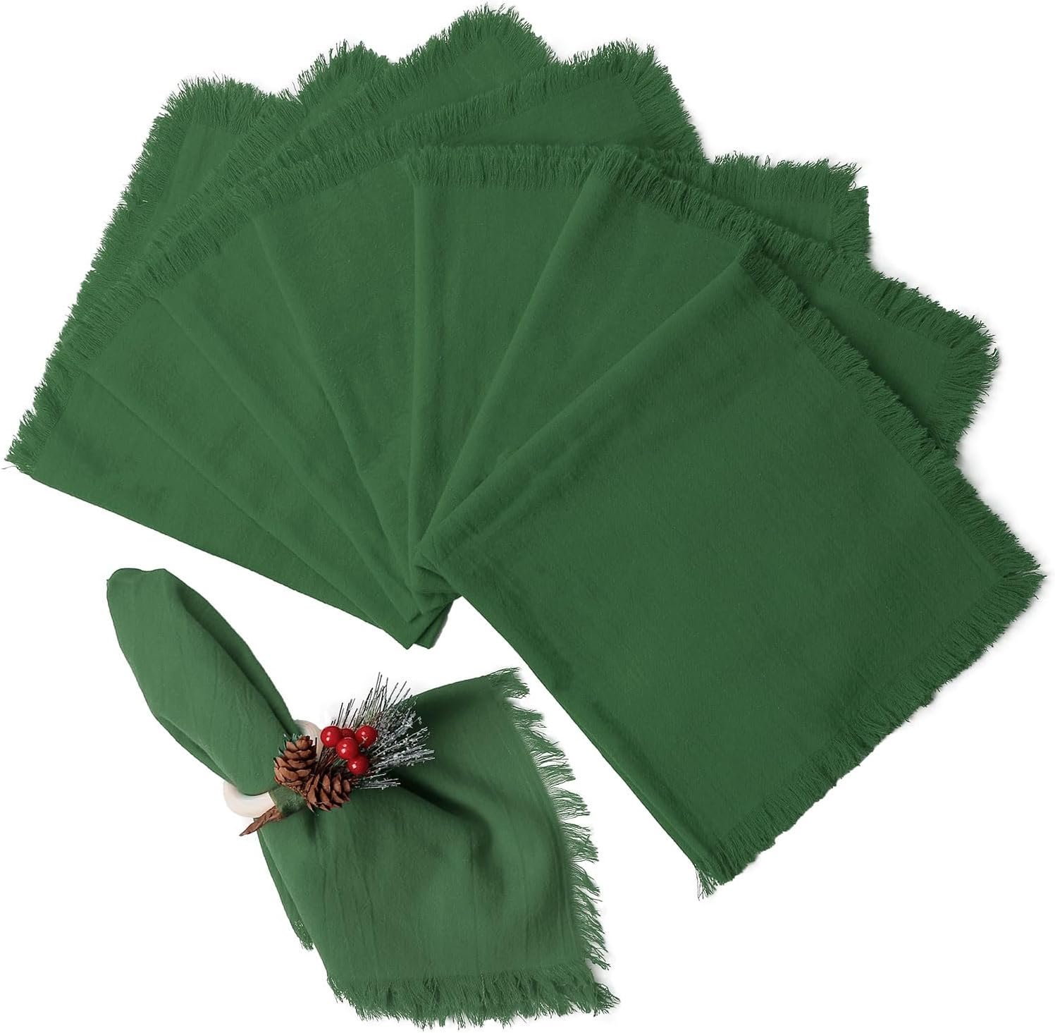 Wonlex Christmas Cloth Napkins Set of 8, 18×18 Inches Cotton Napkins Cloth Washable Reusable with Elegant Fringe for Table Dinner, Xmas Decorations, Family Event Parties(8 Pack,Green)