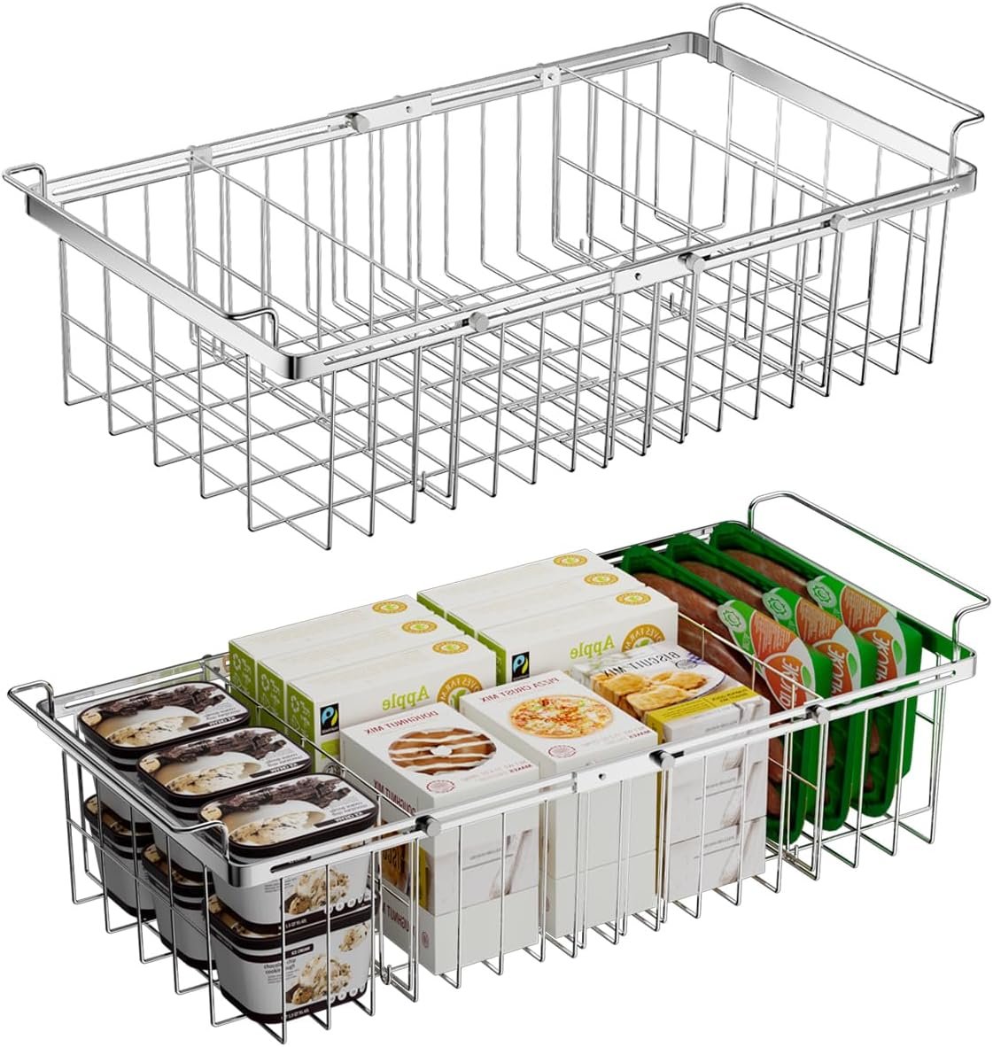 Large Freezer Baskets for Chest Freezer with Dividers, Deep Freezer Organizer Bins Expandable 15.5″~24.5″, Hanging Storage Container Baskets for Chest Freezer Sort Frozen Meats