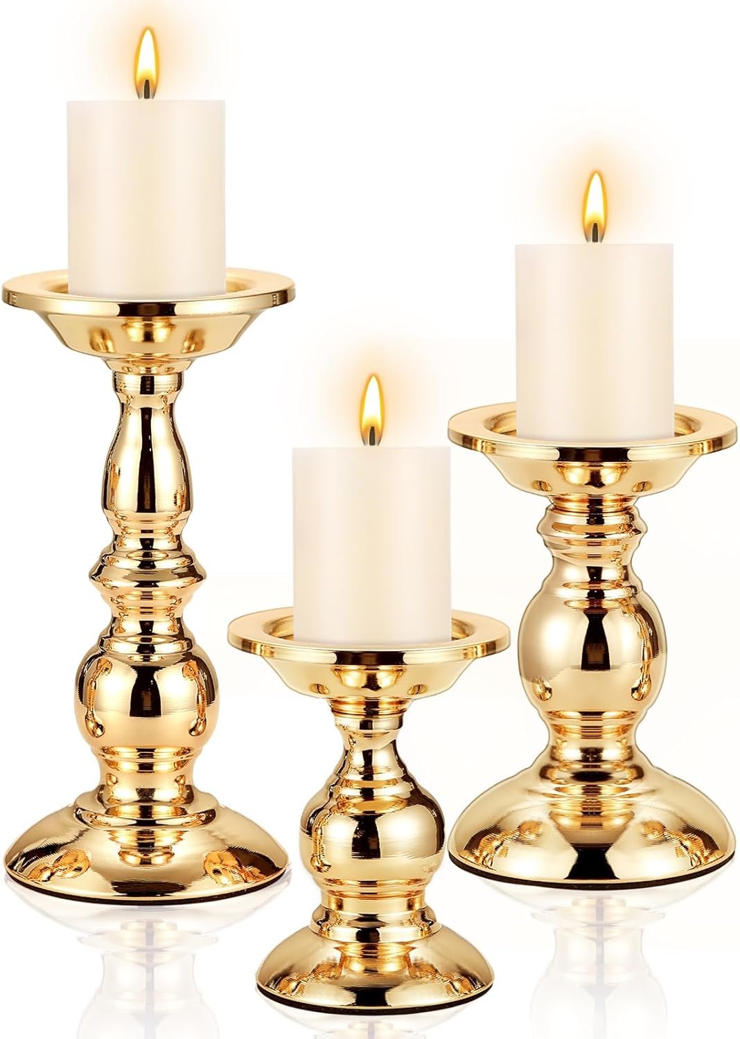 3 Sets Gold Pillar Candle Holders Metal Candle Holders for Pillar Candles, LED Flameless Candles 5, 6, 9 Inch Tall for Table Centerpiece, Fireplace Decor