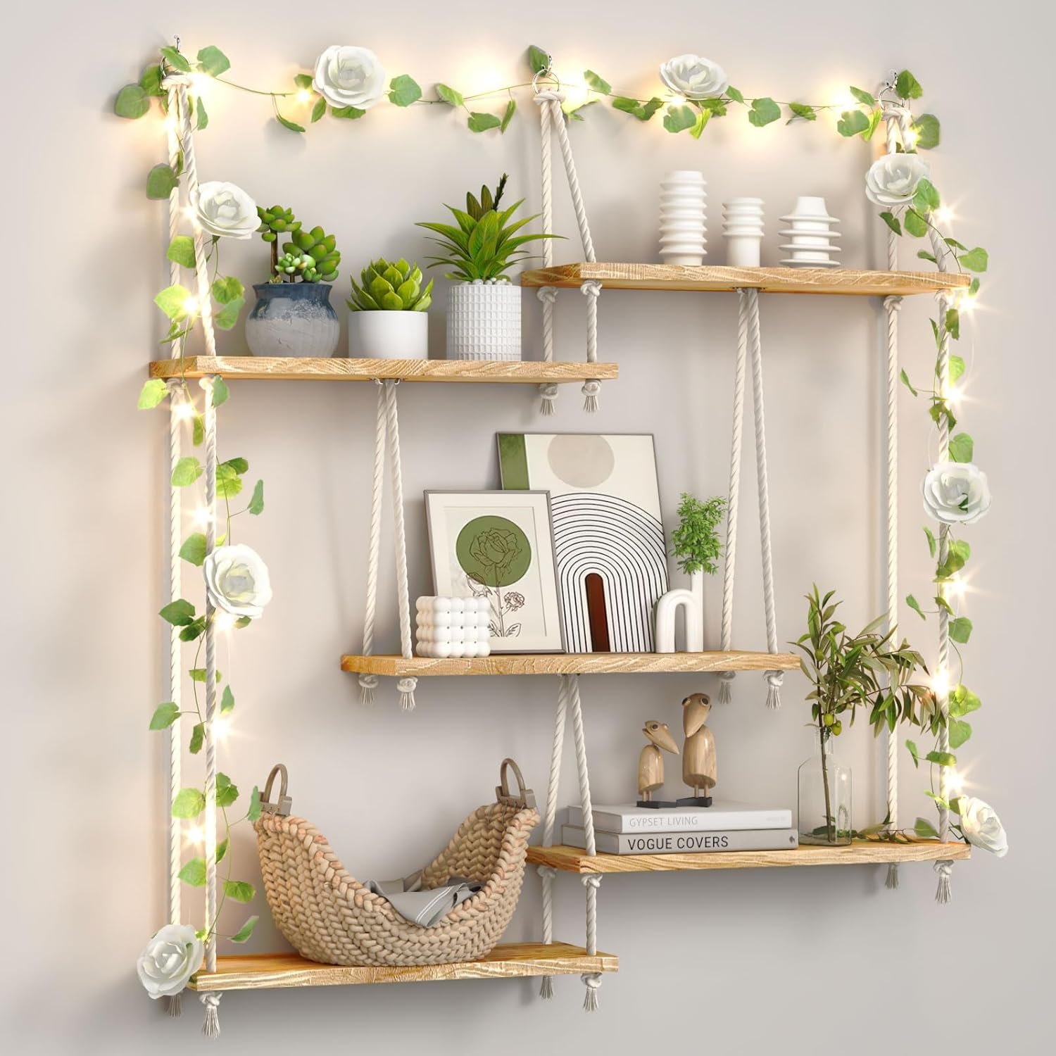 Hanging Shelves for Wall,Macrame Hanging Plant Shelf with Vine Lights 5 Tier Rope Floating Shelf Wood Organizer Storage Rack Boho Wall Decor Aesthetic for Succulents Bedroom Bathroom Kitchen