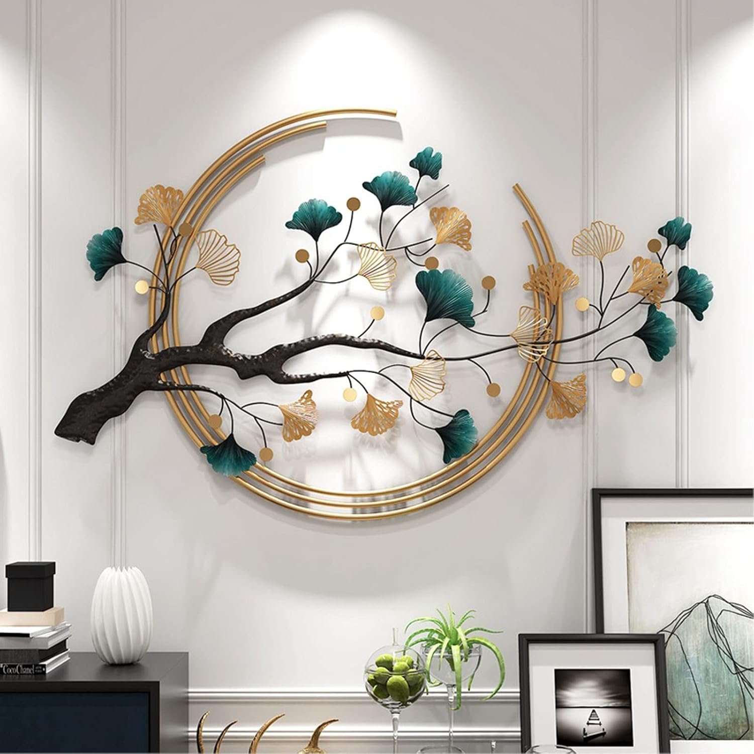 Futyli Large Metal Wall Art – 3D Modern Wall Sculptures, Vertical 53″ Ginkgo Leaf Art for Living Room, Dining Room, Bedroom