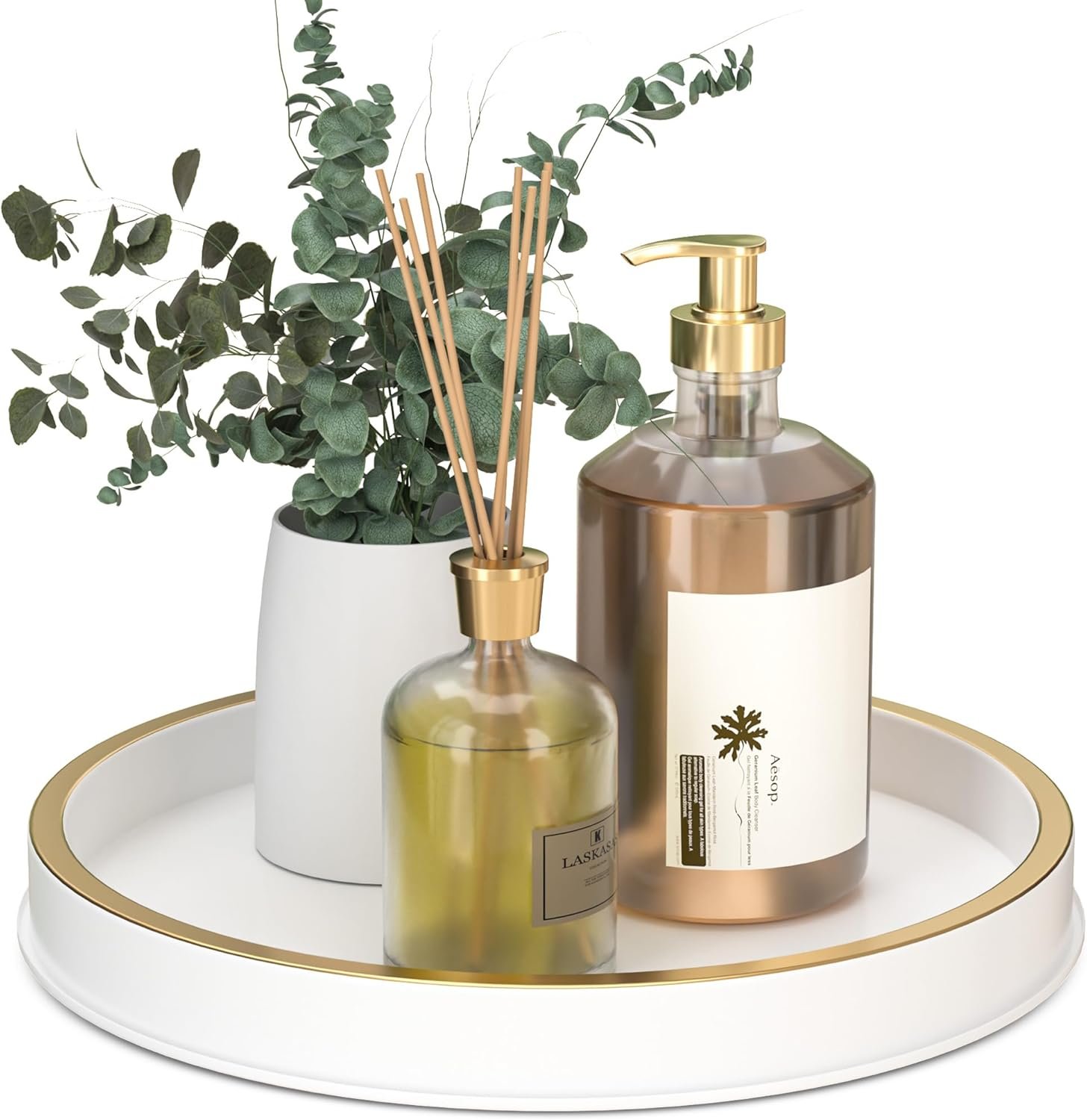 10″ Small Gold and White Tray, Lightweight Metal Round Vanity Tray for Bathroom, Candle Holder for Living Room Decor