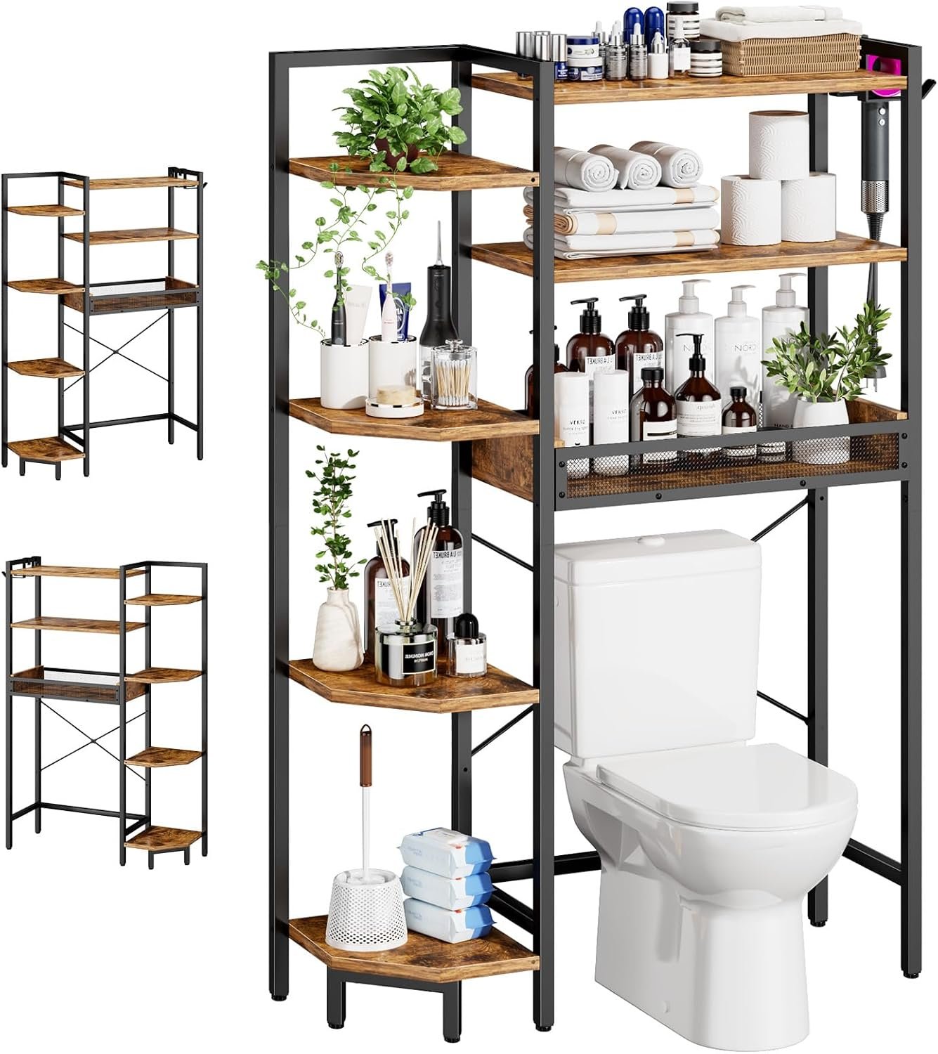 K1 Heavy Duty 7-Tier Over The Toilet Storage（With Basket and Paper Hook）Freestanding Above Toilet Shelf with Adjustable Feet，Space Saver Bathroom Shelves 9.3″D x 33.5″W x 63.8″H，Rustic Brown