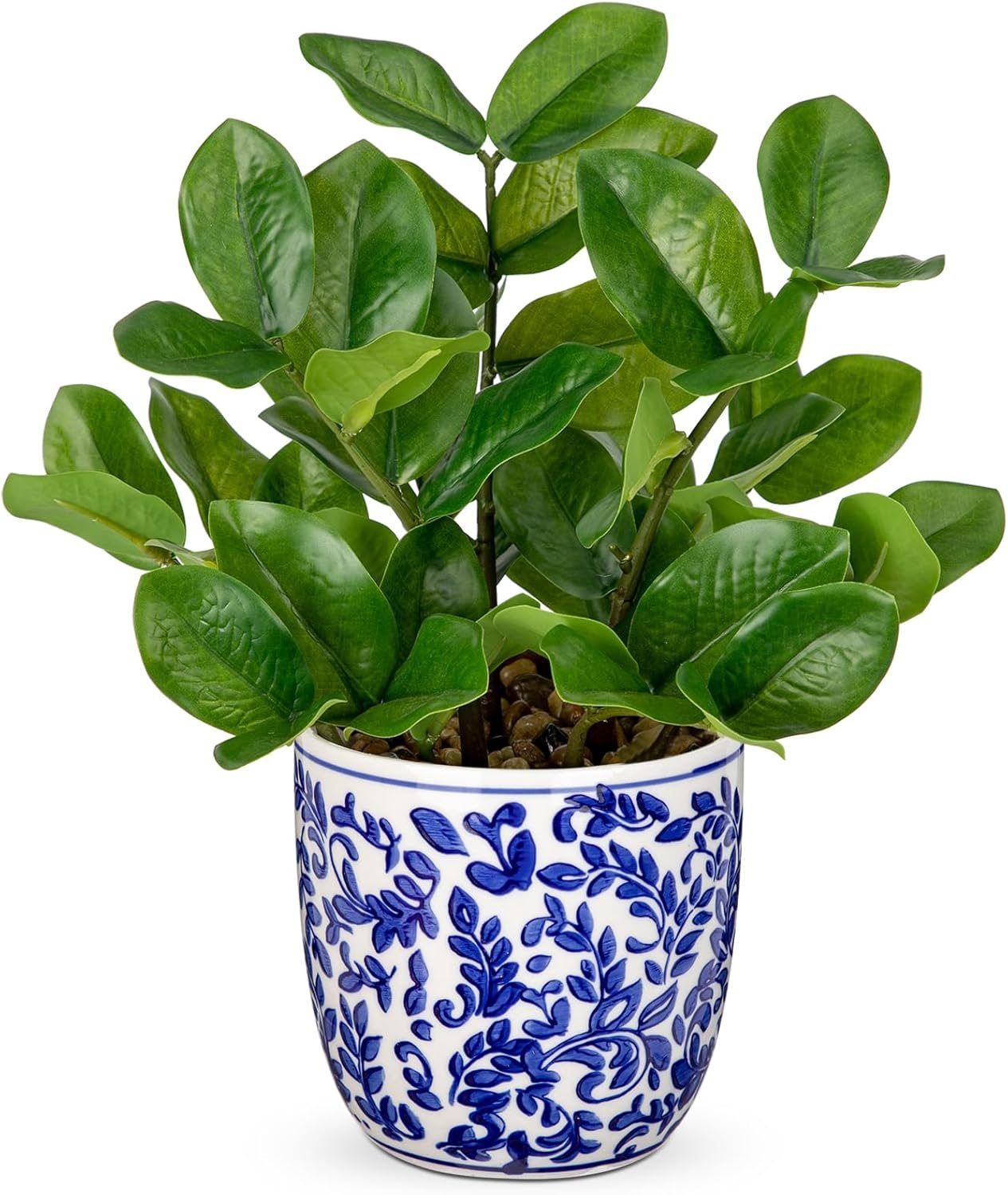 Briful Faux Plants Indoor 11.8in Fake ZZ Silk Plant in Blue and White Ceramic Pot Realistic Artificial Tropical Plant for Home Office Room Kitchen Shelf Decor