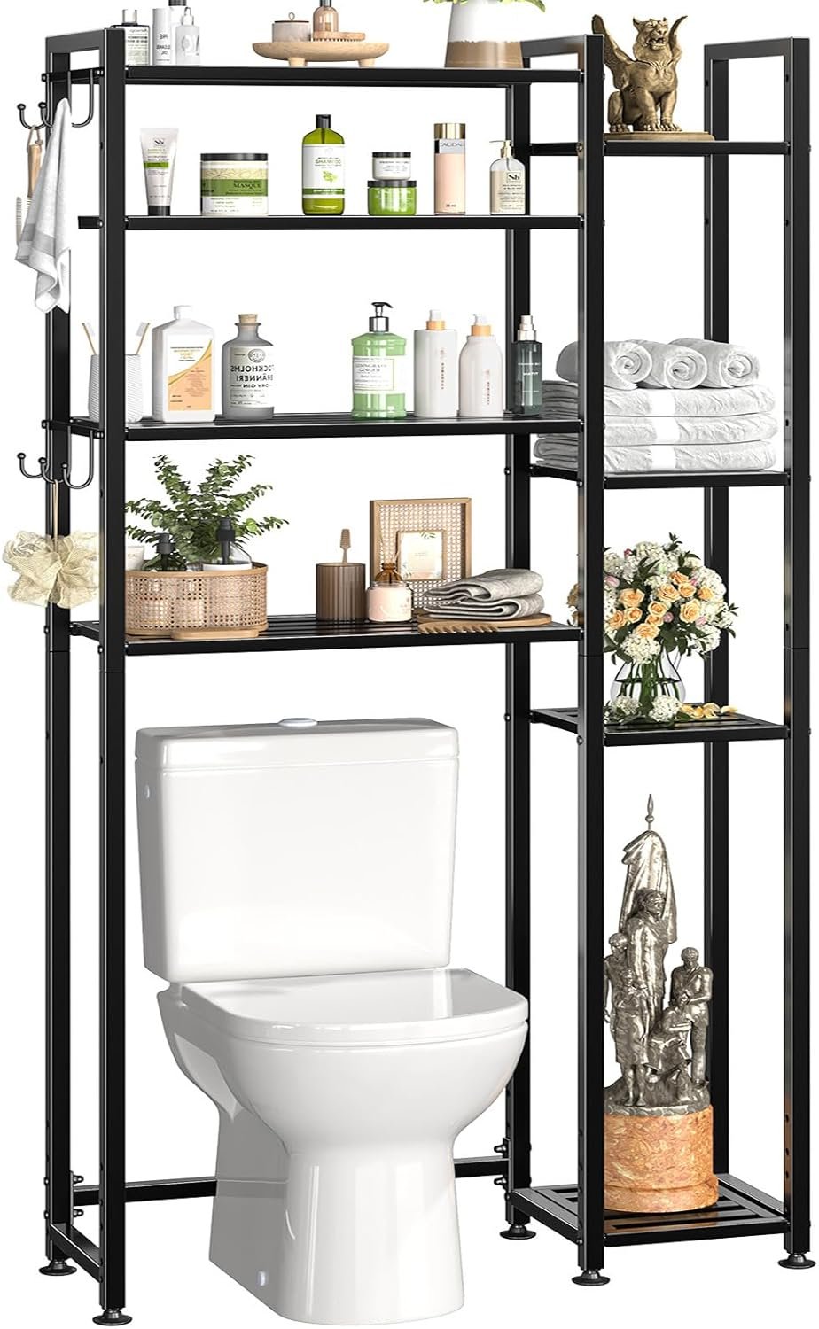 Simple Trending 8 Tier Over The Toilet Storage with Side Rack, Bathroom Organizer Metal Shelves for Towels, Black