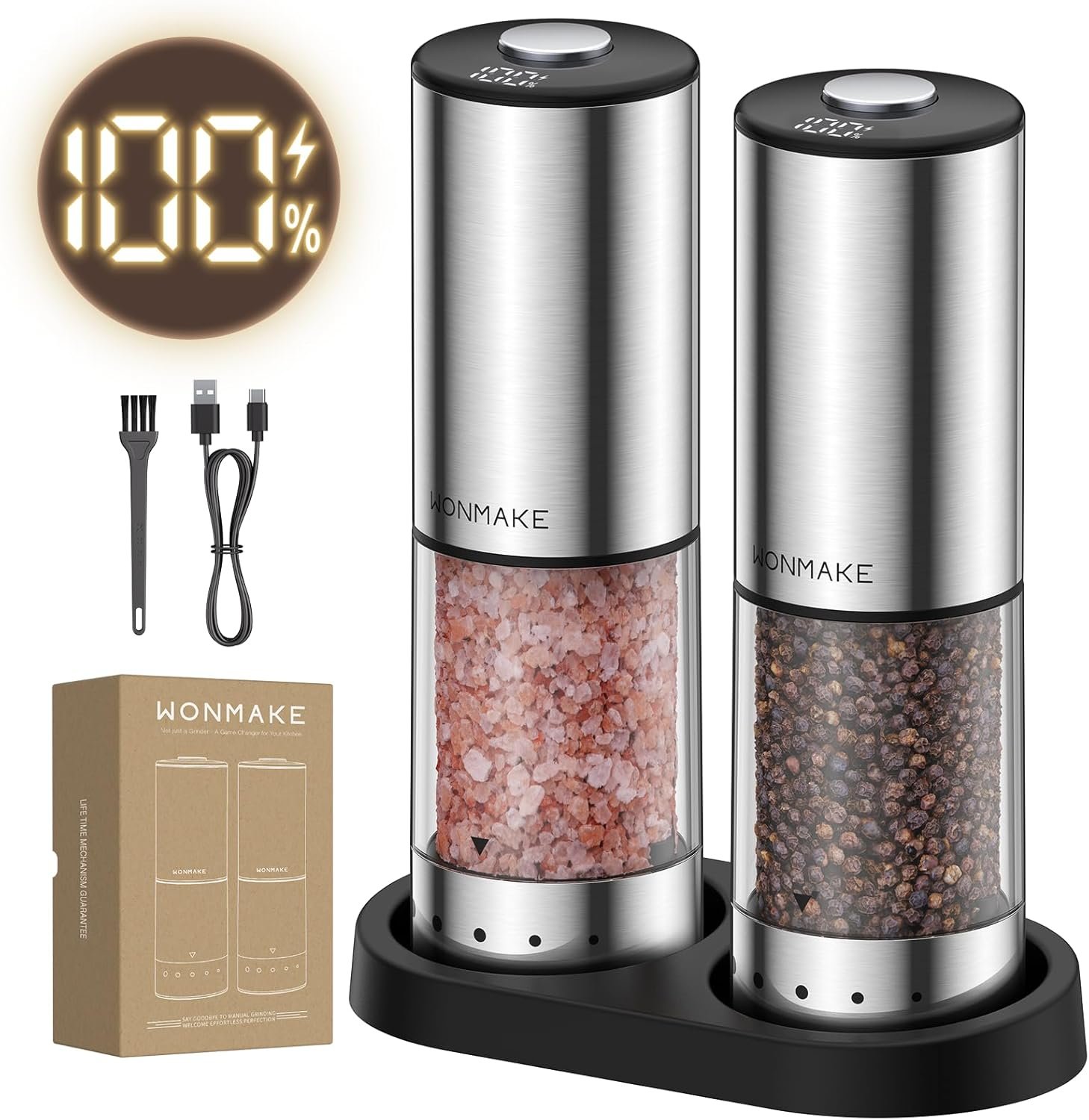 Electric Salt and Pepper Grinder Set, Type-C Rechargeable with LED Battery Level Display, Stainless Steel Salt and Pepper Shakers with Storage Base, Top Button Design, 5 Adjustable Coarseness Levels