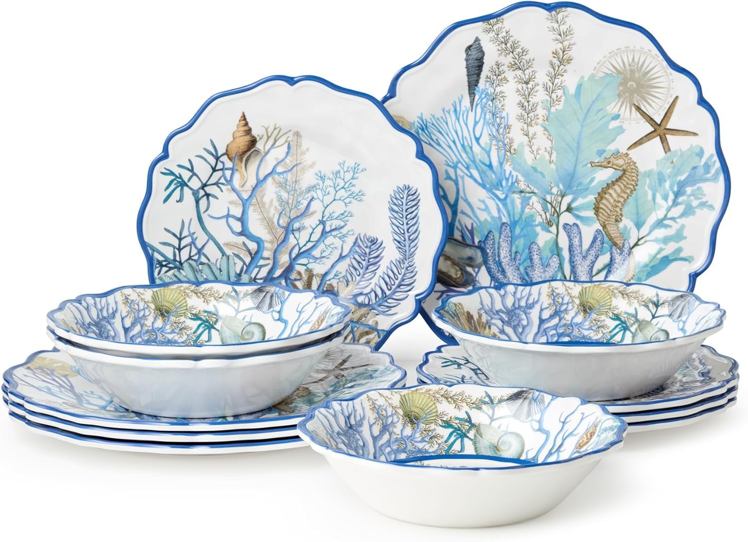 Blue Lagoon Melamine 12-Piece Dinnerware Set – Coastal Coral and Shell Design, Service for 4 – 11″ Dinner Plates, 9″ Salad Plates, and 28oz Bowls – Durable, Lightweight, BPA-Free, Dishwasher SafE