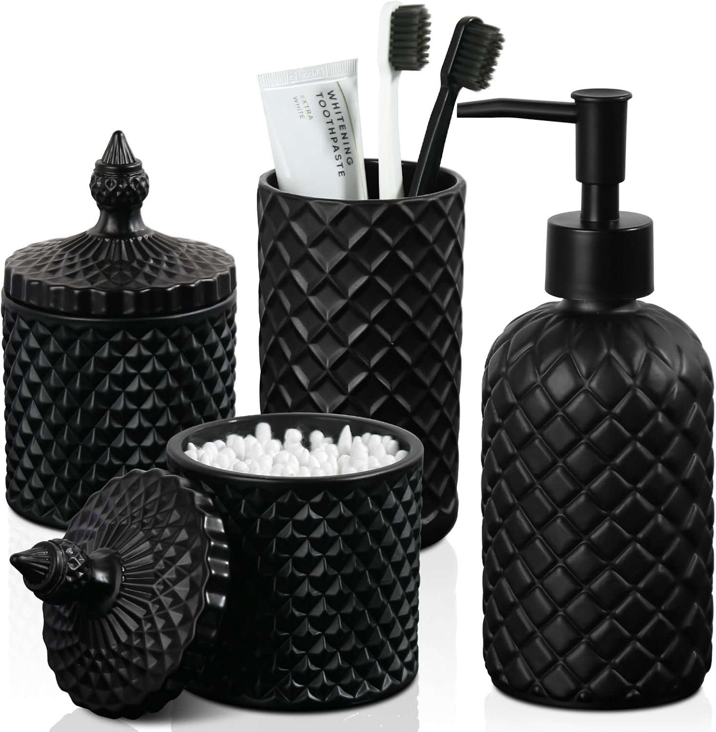Matte Black Bathroom Accessories Set, 4 Pack Black Bath Accessory Sets Complete, Diamond Glass Soap Dispenser and Toothbrush Holder Set for Countertop, Gothic Decor Organizer Essentials