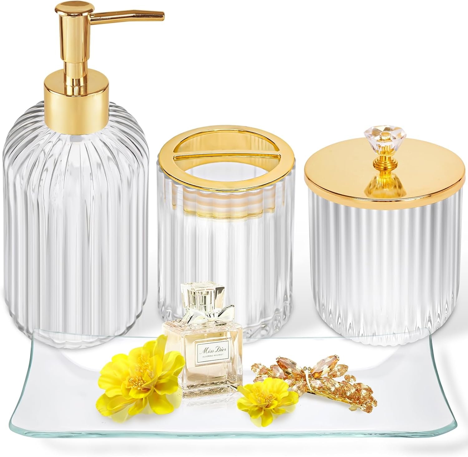Gold Bathroom Accessories 4Pcs of Glass Bathroom Counter Organizer Set,Toothbrush Holders, Soap Dispenser, Apothecary Jar, Vanity Tray, Bathroom Decor Gifts