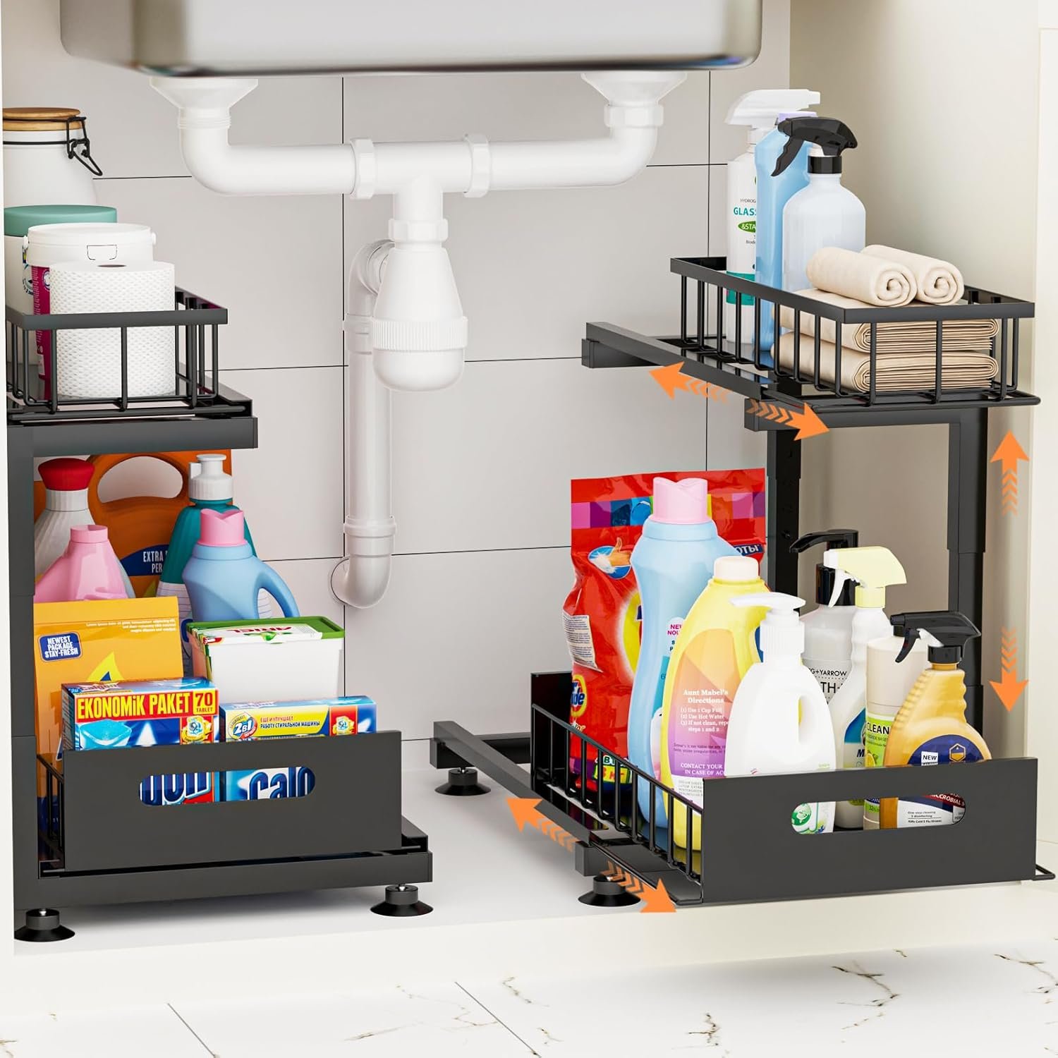 Under Sink Organizer, Heavy Duty Metal Pull Out Cabinet Organizer Slide Out Sink Shelf Organizer Height Adjustable, Multi-Purpose Storage Shelf for Kitchen Bathroom(Black,2Pack)