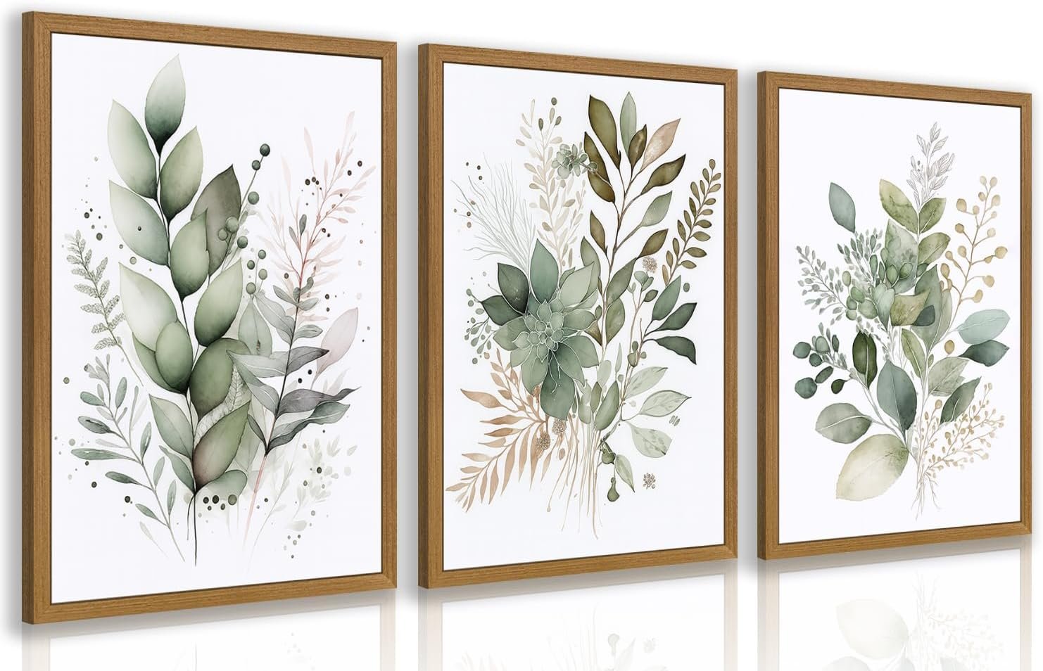 HLXRAE Watercolor Botanical Wall Art Set of 3, Neutral Sage Green Bathroom Wall Decor, Modern Floral Canvas Paintings, Minimalist Farmhouse Poster Prints for Bedroom Living Room Wood Framed 12×16 Inch