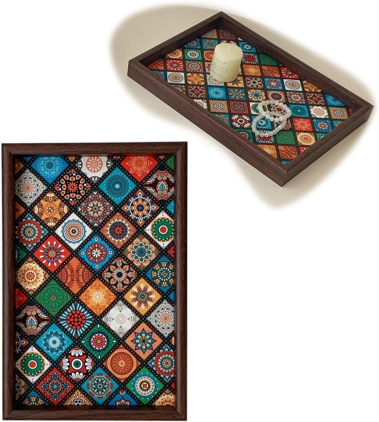 MIUPOO Wood Flat Jewelry Tray,Perfume Key Trinket Ring Trays,Bathroom Vanity Tray,Wooden Valet Trays,Boho Wall Art Wooden Bohemian Wall Decor, 1 Piece. (Colored Lattice, M)