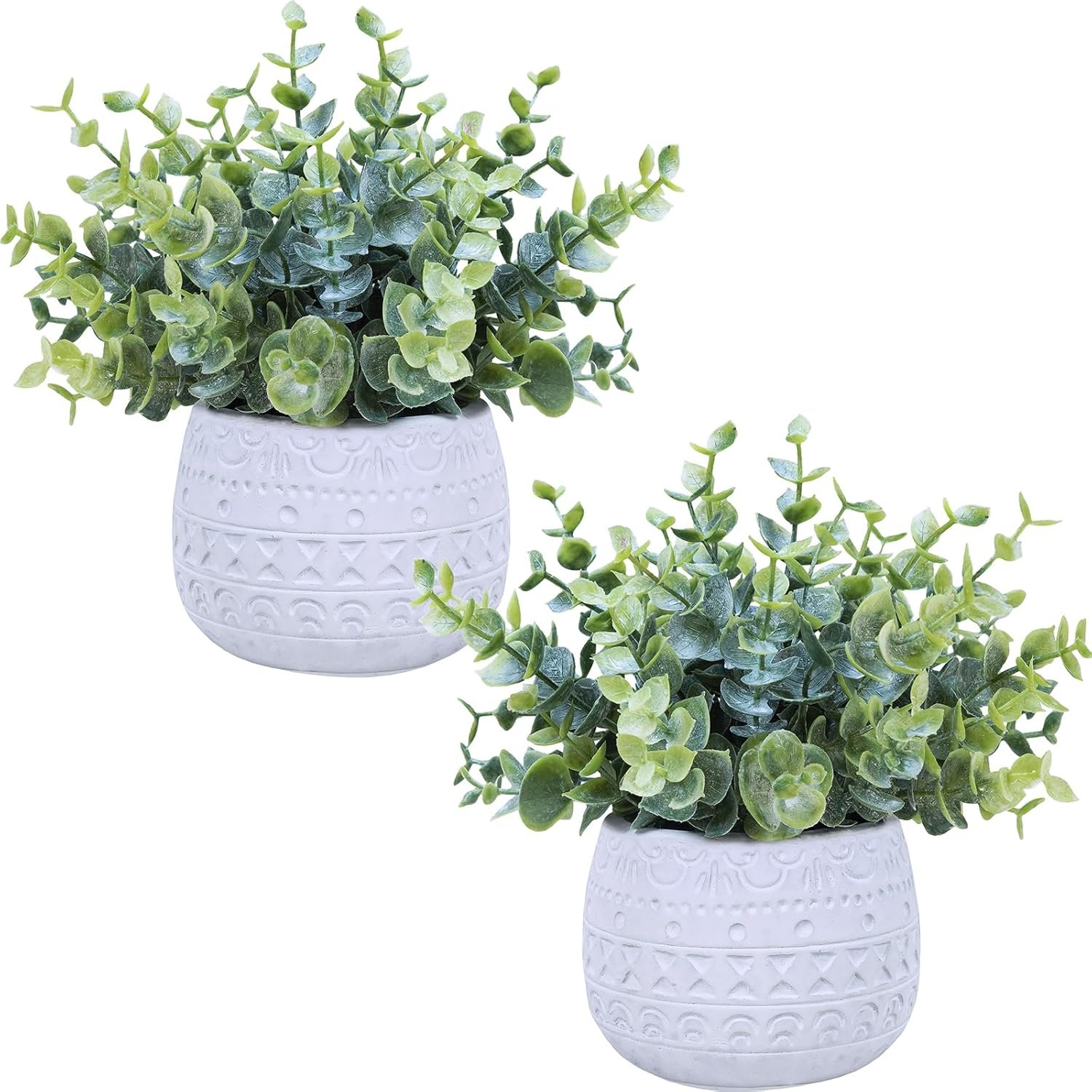 Winlyn Set of 2 Small Artificial Potted Plants Faux Eucalyptus Plant in White Geometric Ceramic Pots Small Desk Potted Plants 7.1″ Tall for Home Office Room Decorations Wedding Greenery Centerpiece