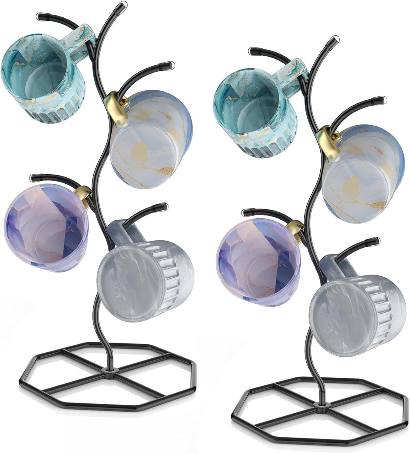 2 Pack Coffee Mug Holders Tree, Metal Mug Holder, Decorative Mug Rack, Mug Cup Tree for Kitchen Decor Organizer, Black