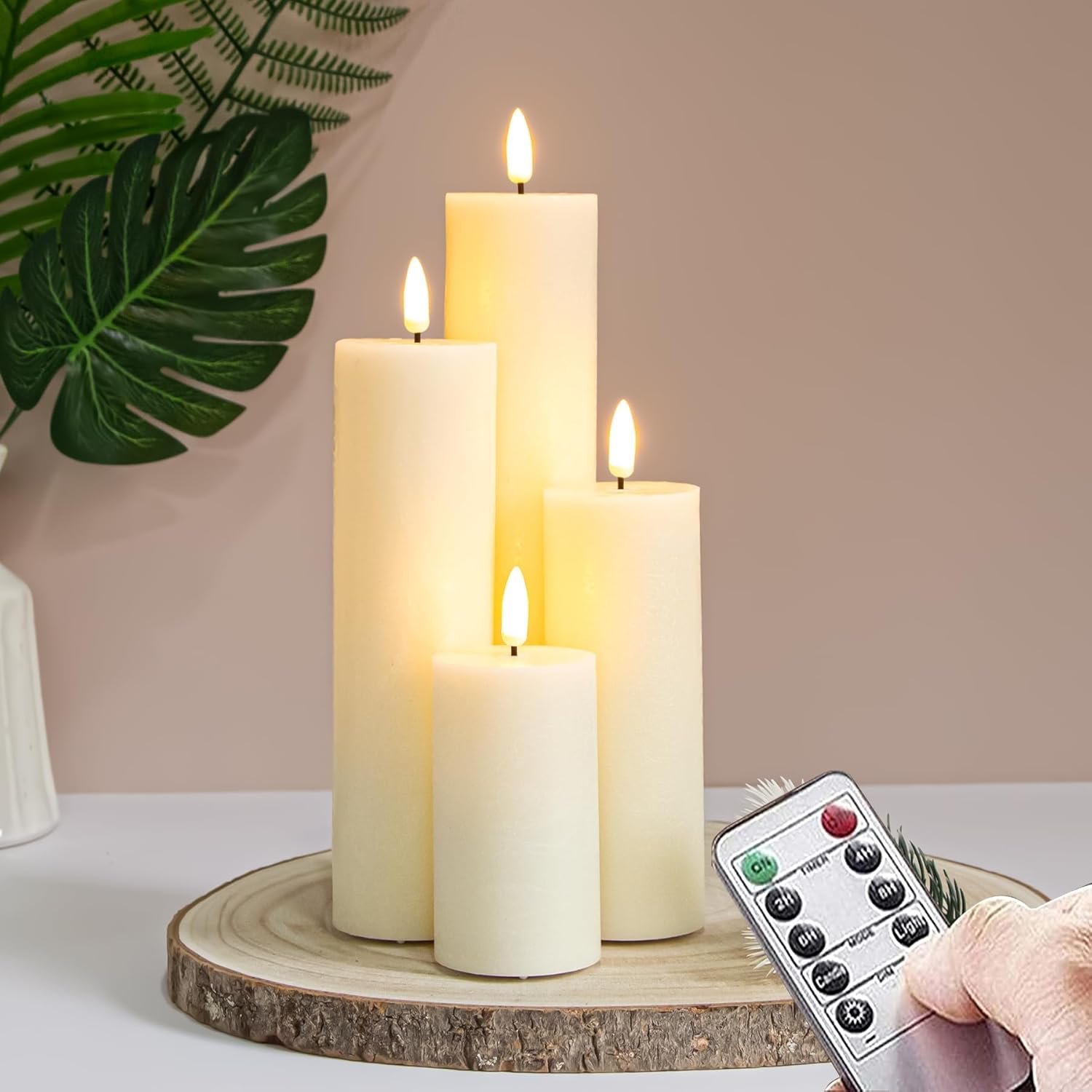Flickering Flameless Pillar Candles with Remote Control and Cycle Timer,Ivory Pack of 4 Battery Operated(Powered by 2AA) LED Real Wax Tall Fake 3D-Wick Electric Candles(D 2.2” x H 4”,6”,8”,10”)