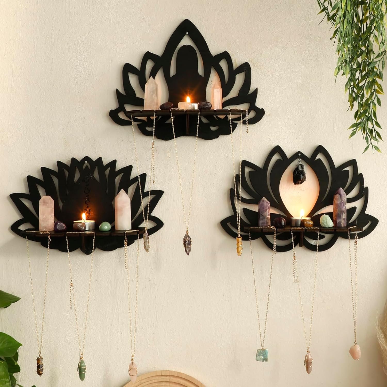 Artilady Lotus Flower Crystal Shelf -3 Pack Floating Shelves for Wall Bedroom Decor Black Cute Display Shelf Yoga Decor for Crystals and Stones Aesthetic Boho Room Decorations Witchy Gift for Wome