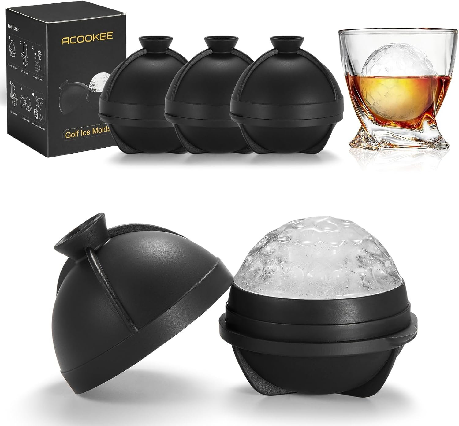 Golf Gifts Ball Ice Maker Mold set of 4, 2.5″ Large Sphere Round Ice Cube Mold for Whiskey, Cocktails, Coffee, Soda, Fun Drinks, and Gifts,Leak-Free, Reusable, BPA-Free