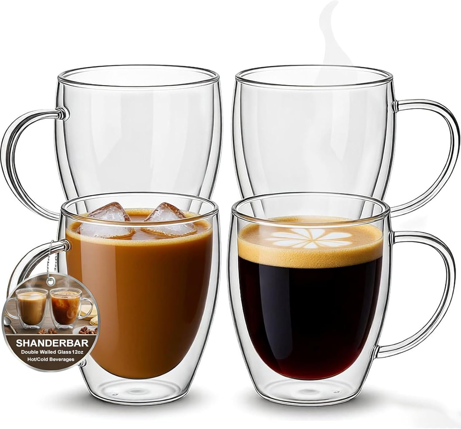 Set of 4 Double Walled Glass Coffee Mugs with Handles, 12oz Clear Coffee Mugs for Hot/Cold Beverages, Insulated Borosilicate Glass Cups for Cappuccino, Espresso, Latte, Tea, Milk, Microwave Safe
