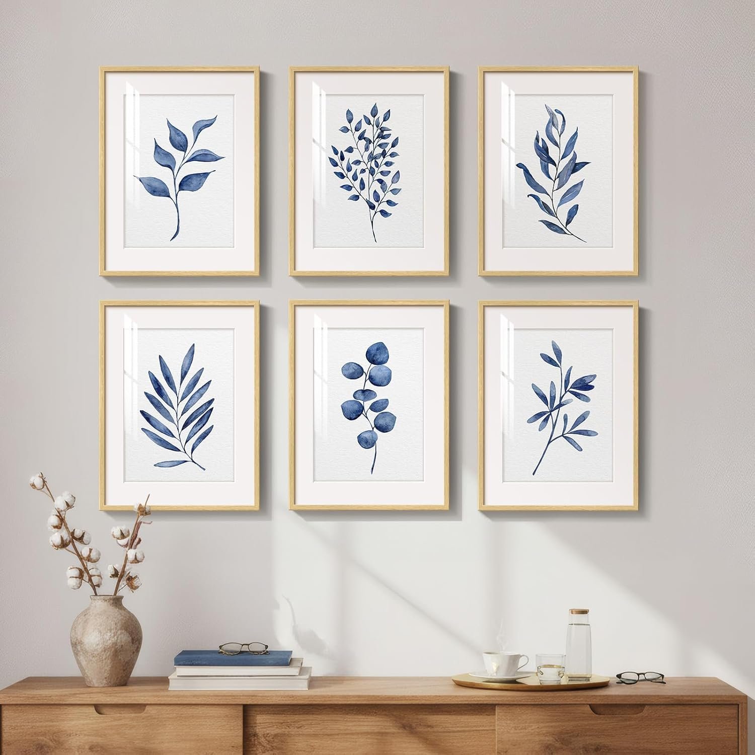 Framed Minimalist Botanical Wall Art, Set of 6 Blue Floral Leaf Painting Prints Artwork for Walls, Navy Blue Flowers Watercolor Plant Pictures for Bedroom Dining Room Hallway Office Home Decor, 11×14