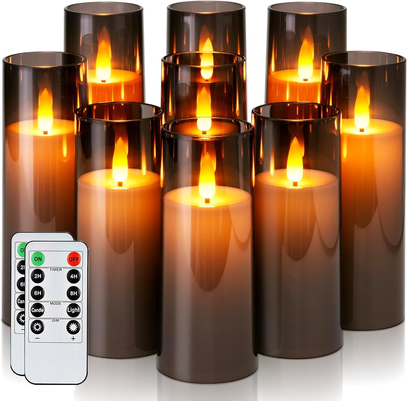 Homemory Decorative Flameless Candles, Battery Operated Candles with Remote & Timer, Flickering Led Pillar Candles, Plexiglass, Grey, Pack of 9, D2.2 xH 5″ 6″ 7″
