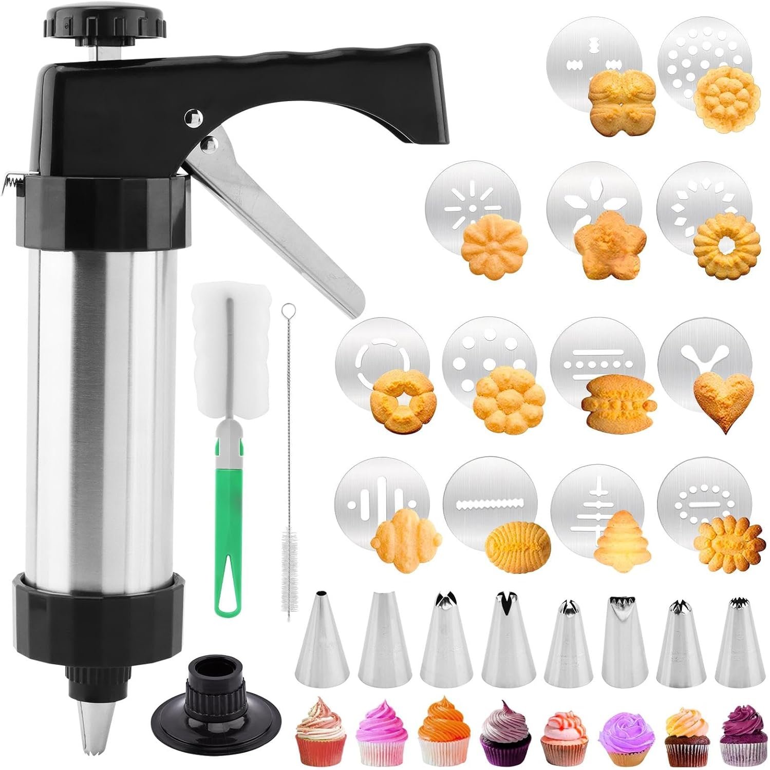 Stainless Steel Cookies Press, Cookie Press Gun Kit, Spritz Maker With 8 Piping Tips and 13 Discs for DIY Biscuit for DIY Biscuit Cake Dessert Making(Sliver,Size:8.66inch)